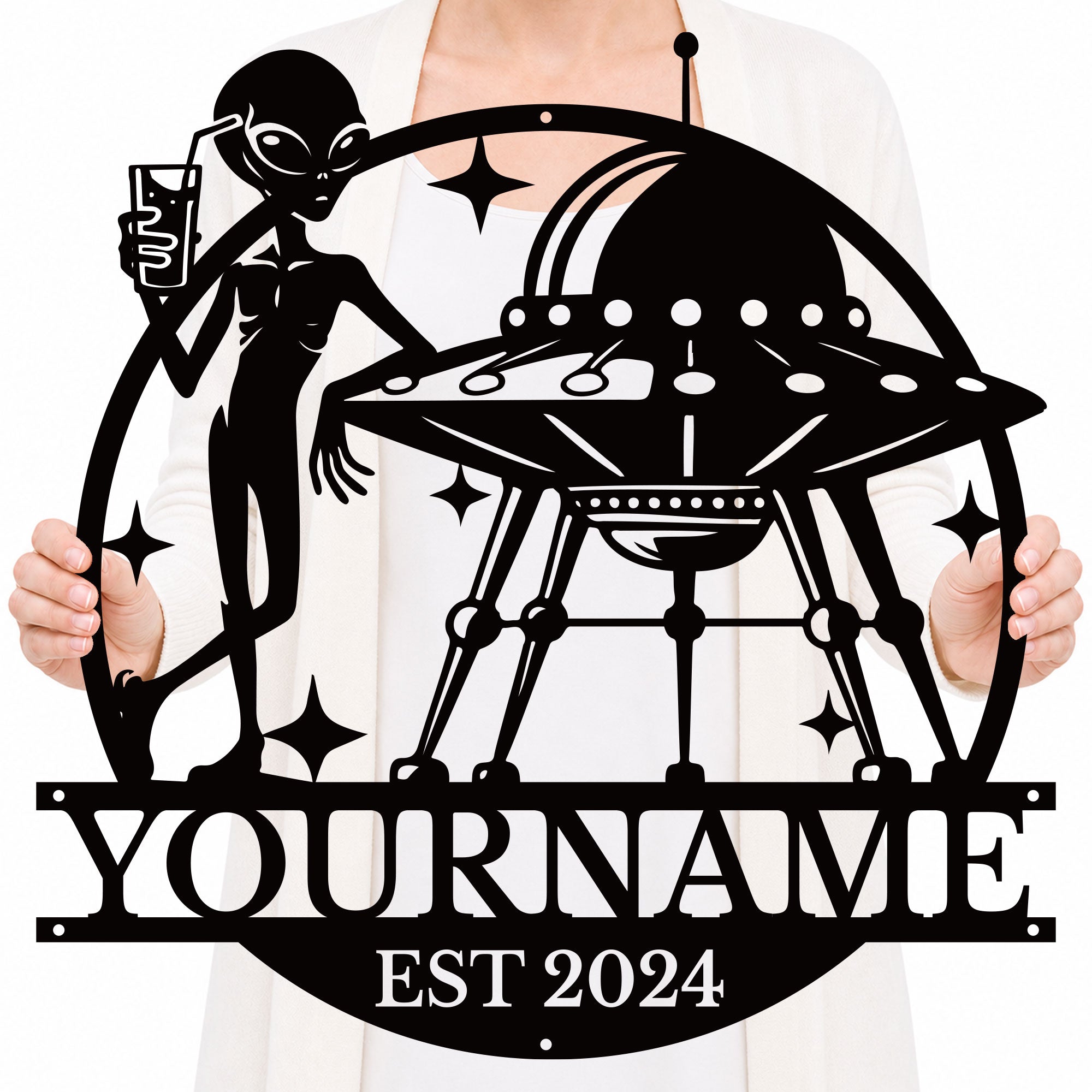 Personalized Alien UFO Metal Sign – Custom Name Wall Decor