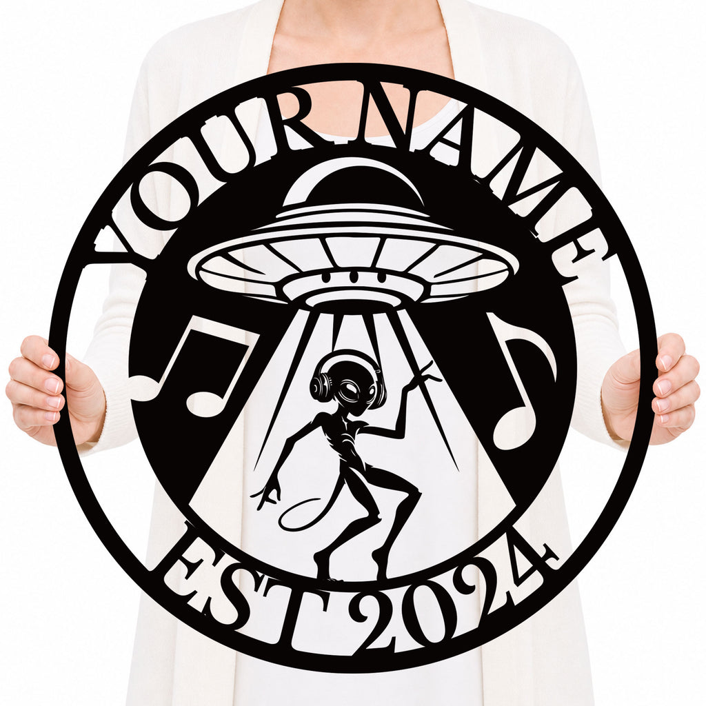Personalized Alien UFO Music Metal Sign – Custom Name Wall Decor