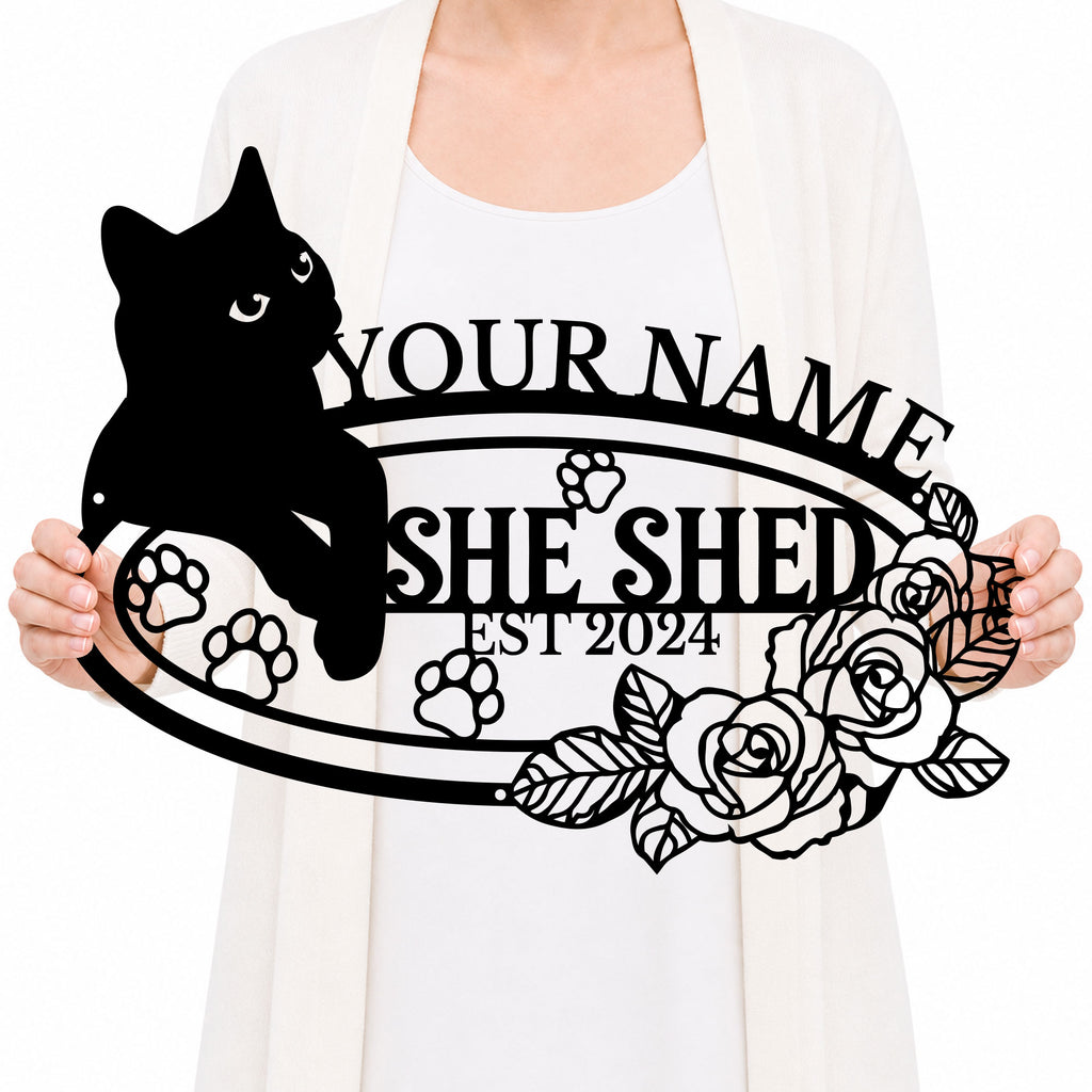 Personalized Cat She Shed Metal Sign, Custom Text Floral Wall Decor