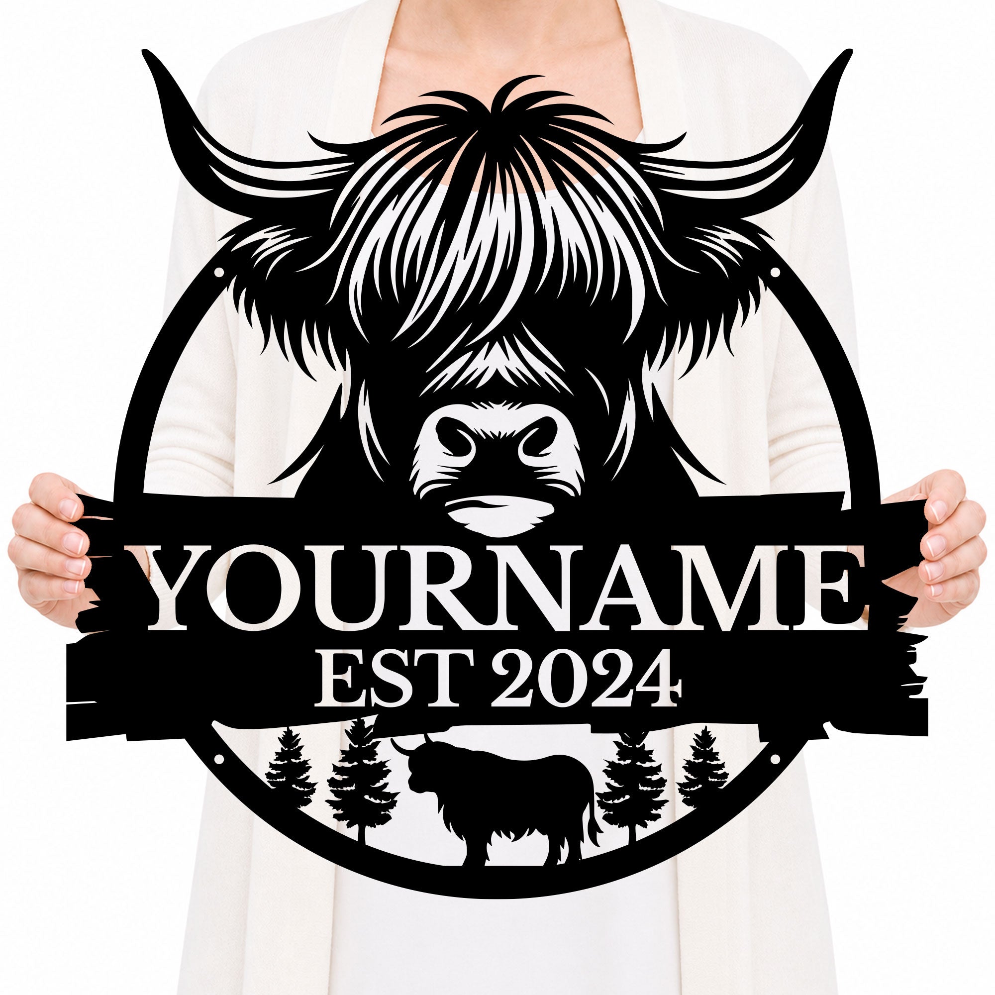 Personalized Highland Cow Metal Sign – Custom Name Wall Decor