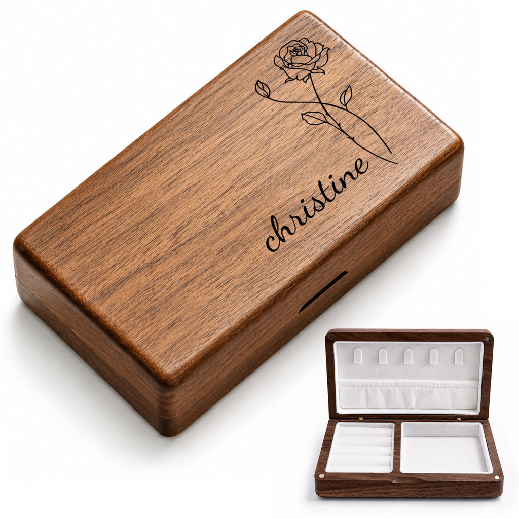 Personalized Birth Flower Wooden Jewelry Box with Custom Name