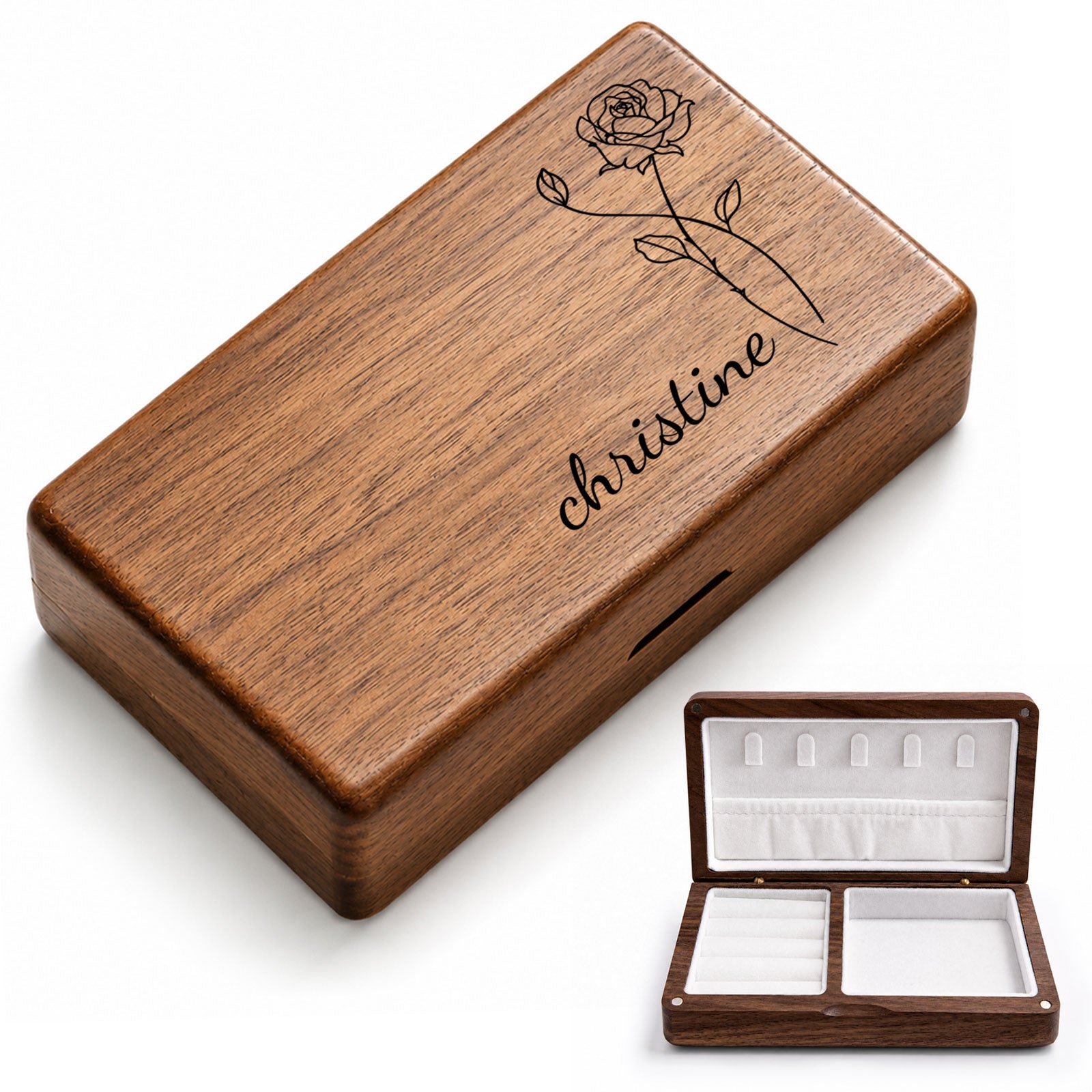 Personalized Birth Flower Wooden Jewelry Box with Custom Name