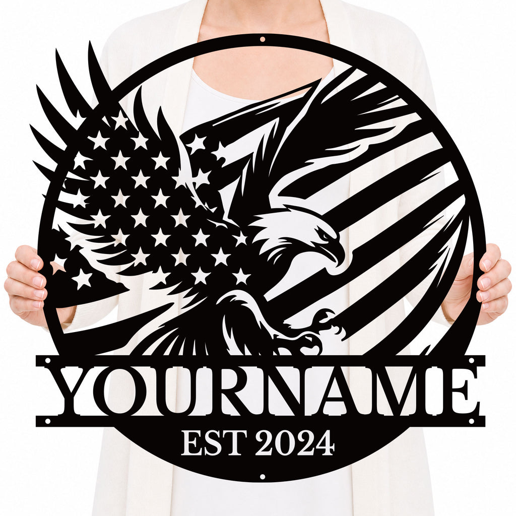 Personalized Eagle Flag Metal Sign – Custom Name Wall Decor