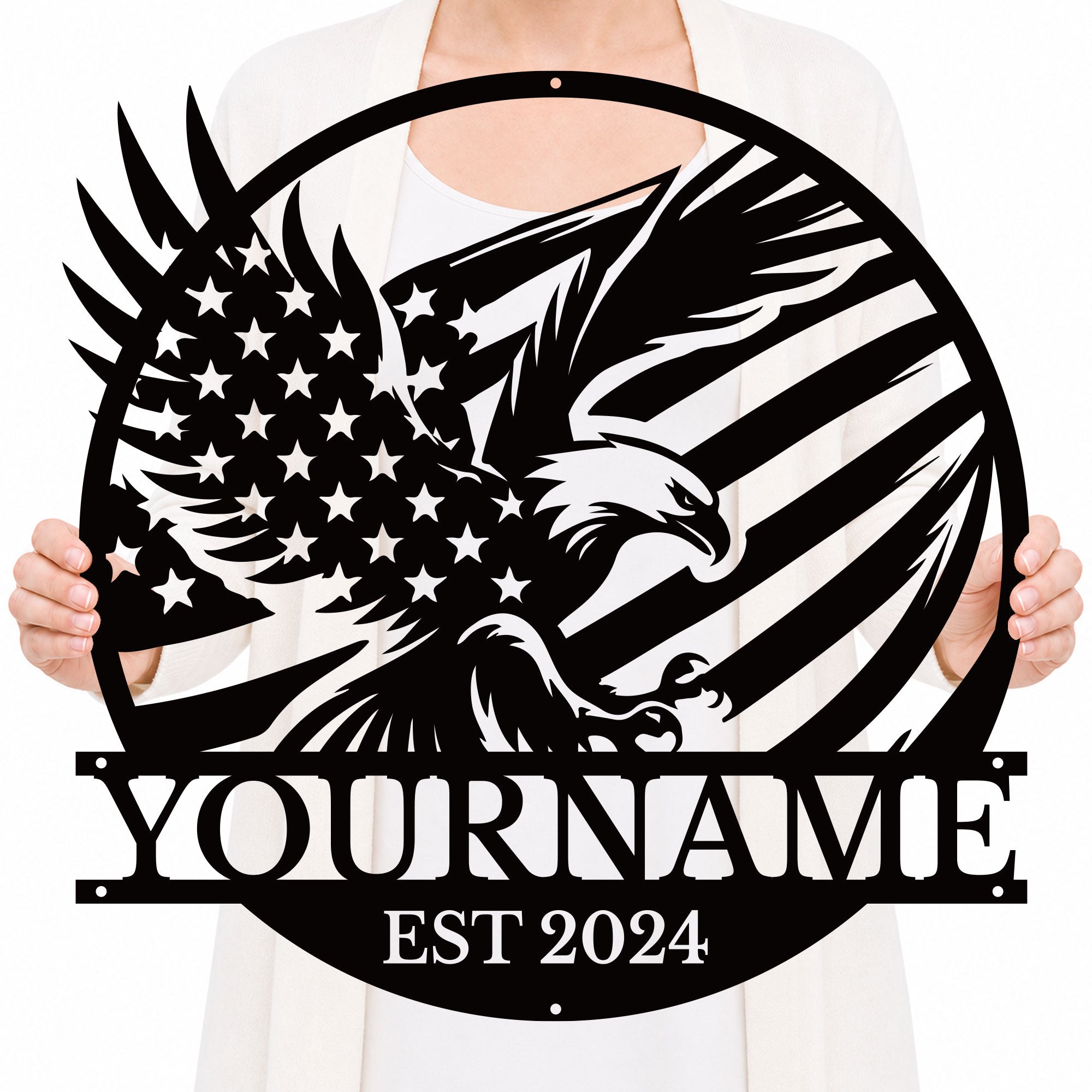 Personalized Eagle Flag Metal Sign – Custom Name Wall Decor