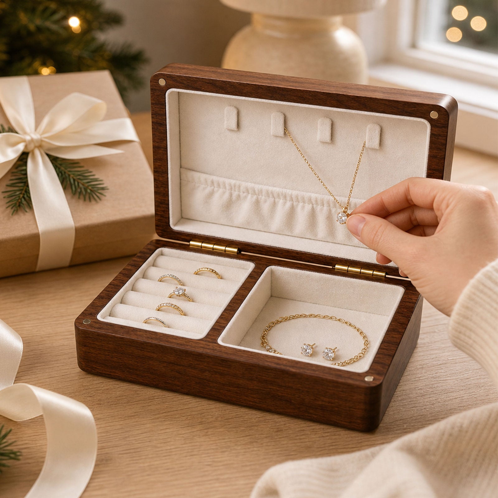 Personalized Wooden Jewelry Box with Name and Birth Flower