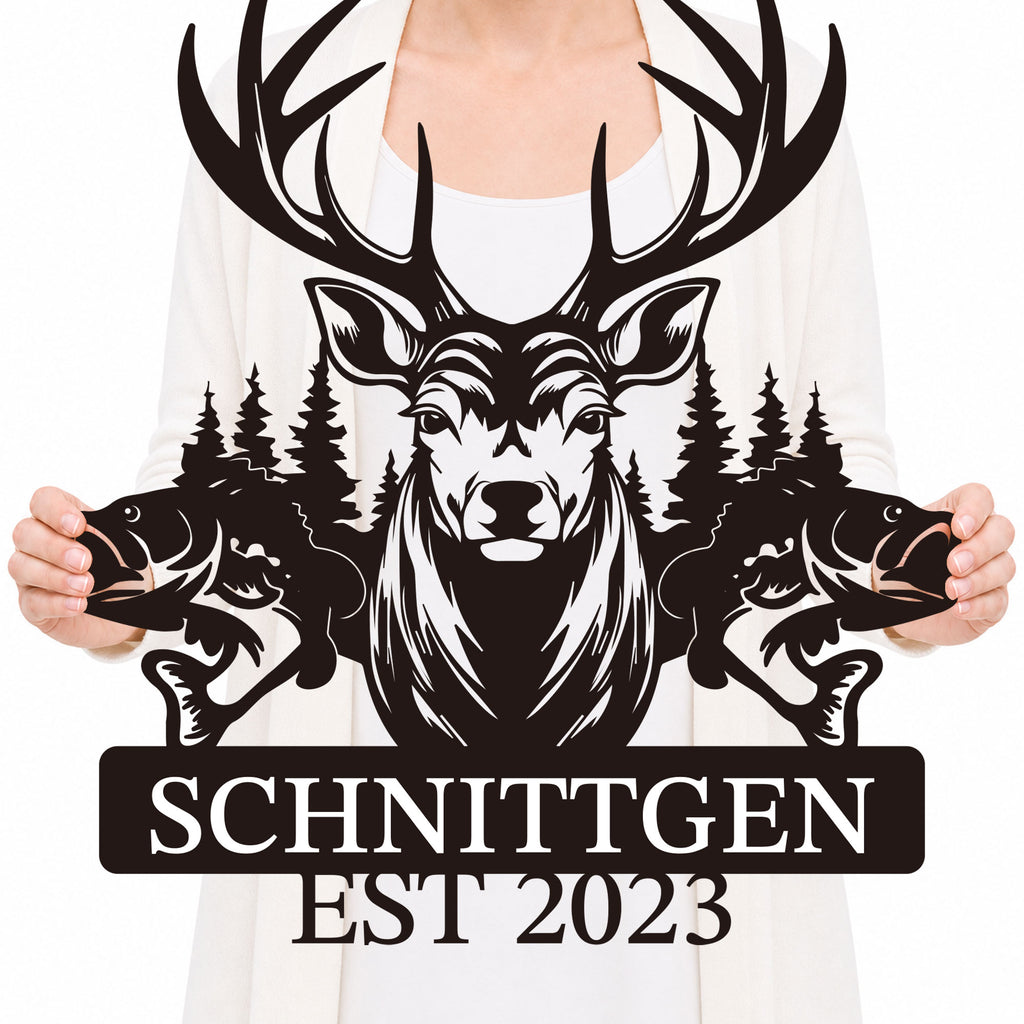 Personalized Deer & Fish Metal Sign, Custom Text Outdoor Wall Decor