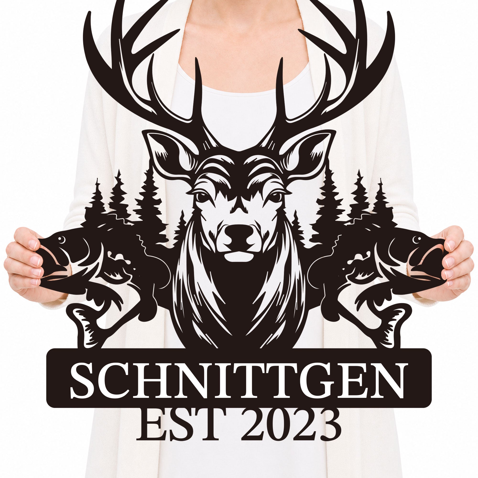 Personalized Deer & Fish Metal Sign, Custom Text Outdoor Wall Decor