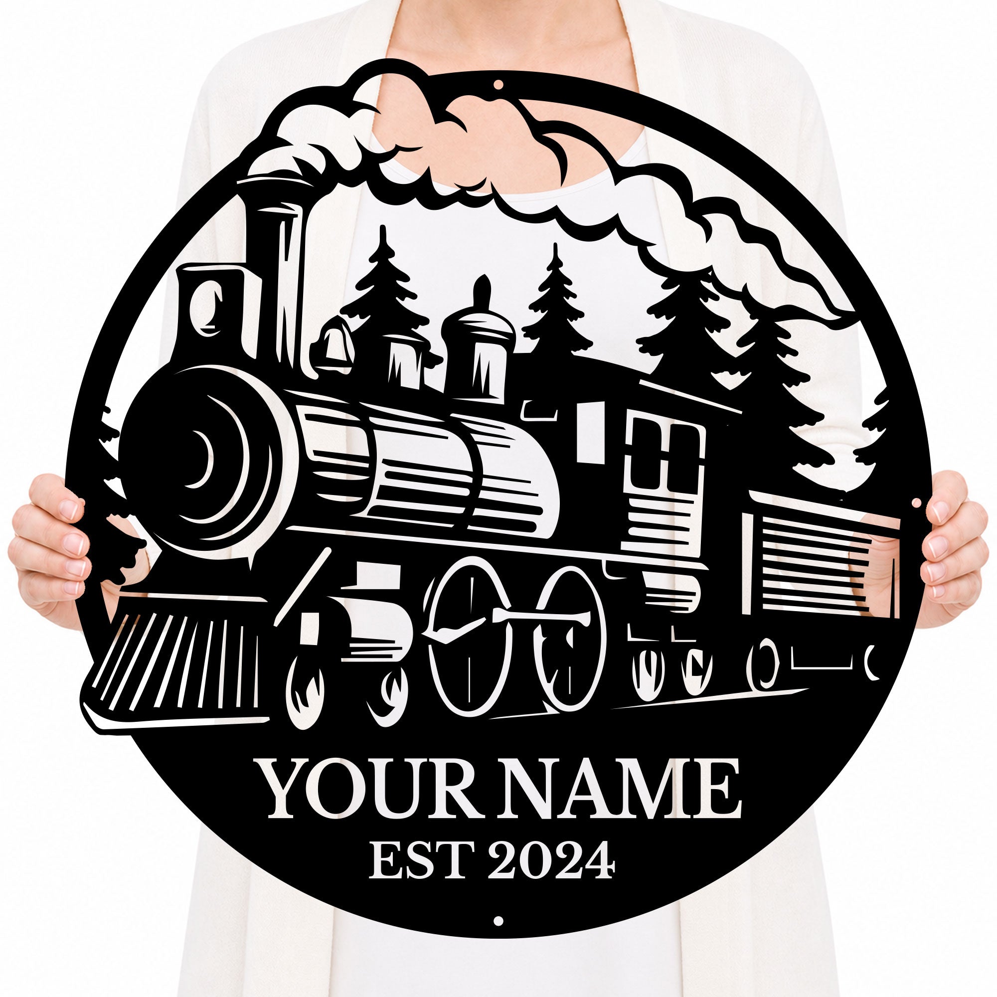 Personalized Steam Train Metal Sign, Custom Text Railroad Wall Decor