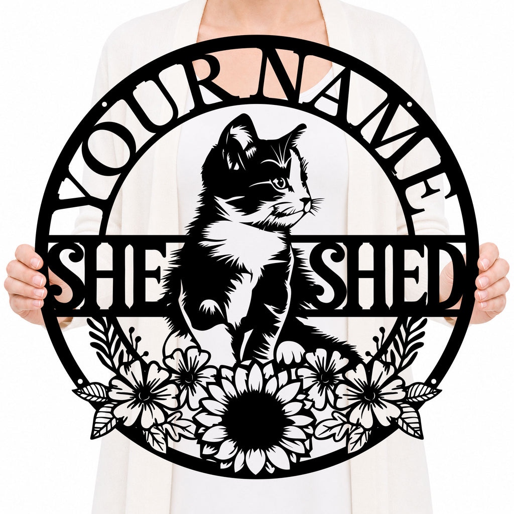 Personalized Cat She Shed Metal Sign, Custom Text Floral Wall Decor