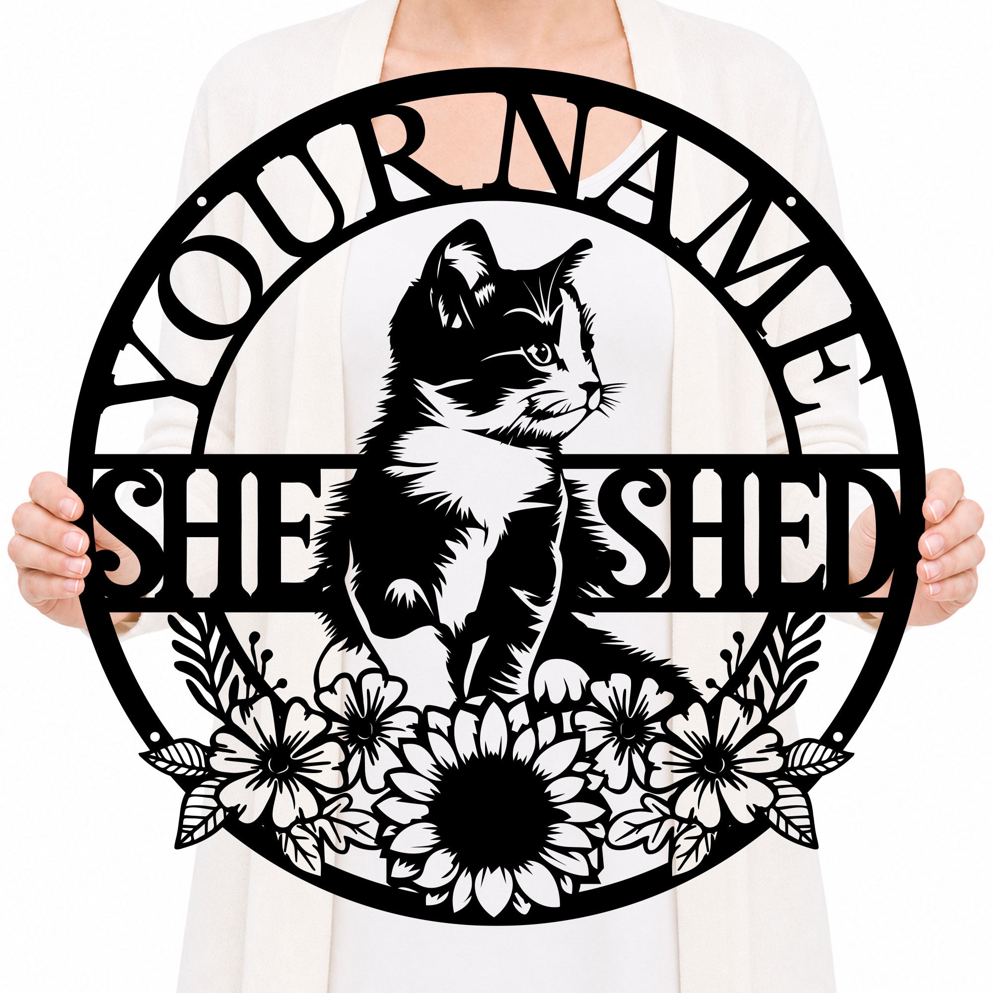 Personalized Cat She Shed Metal Sign, Custom Text Floral Wall Decor