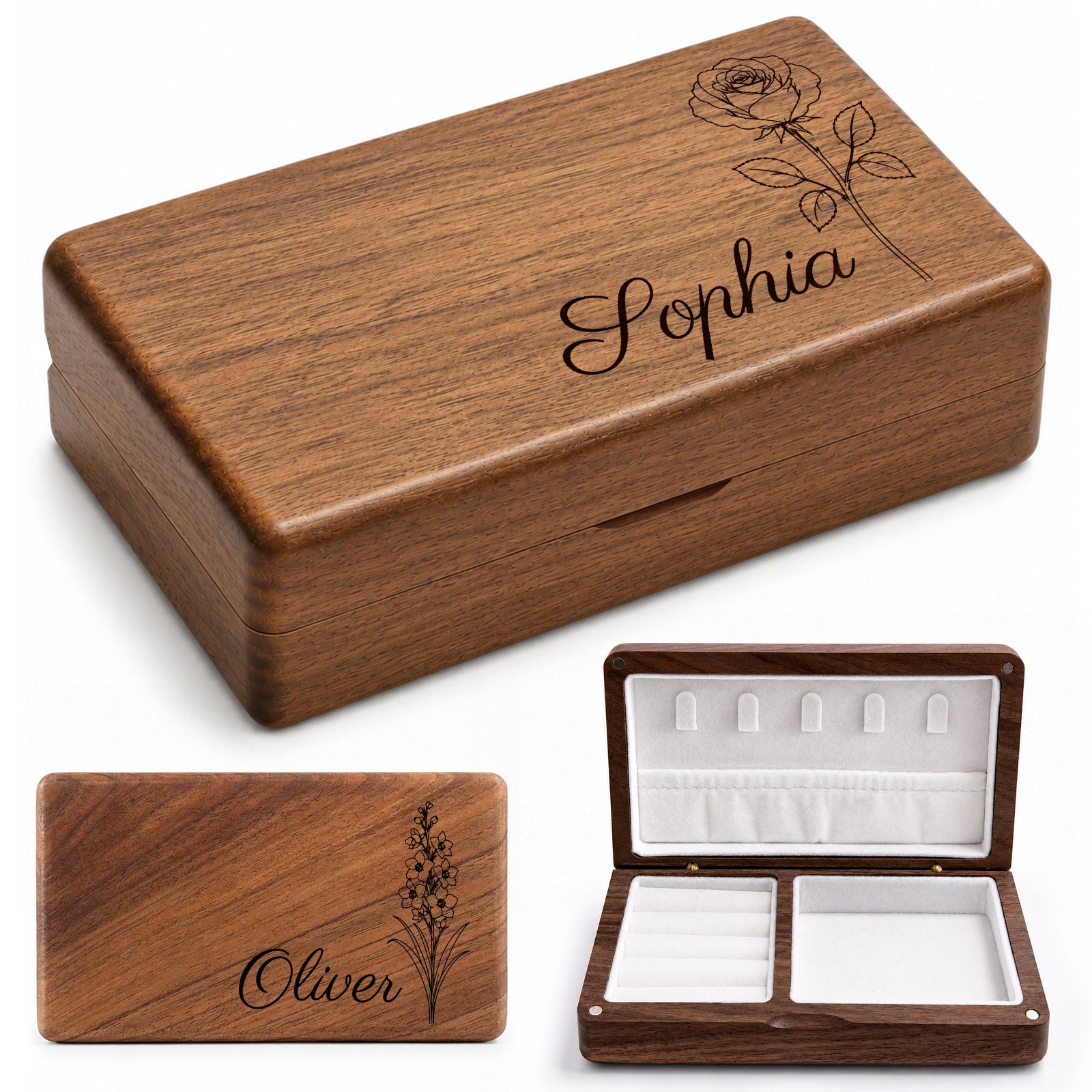 Personalized Wooden Jewelry Box with Name and Birth Flower