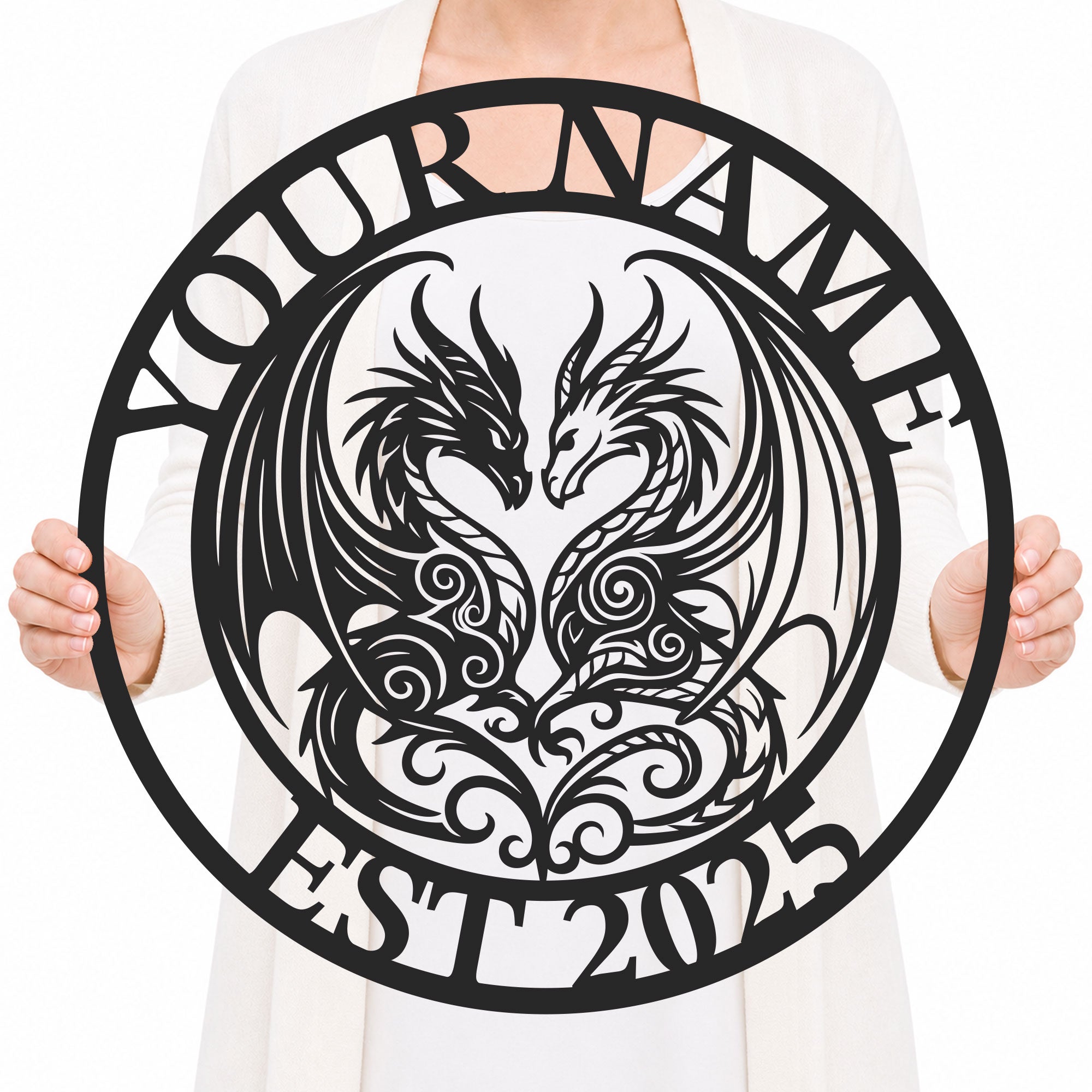 Personalized Double Dragon Metal Sign – Custom Name Wall Decor