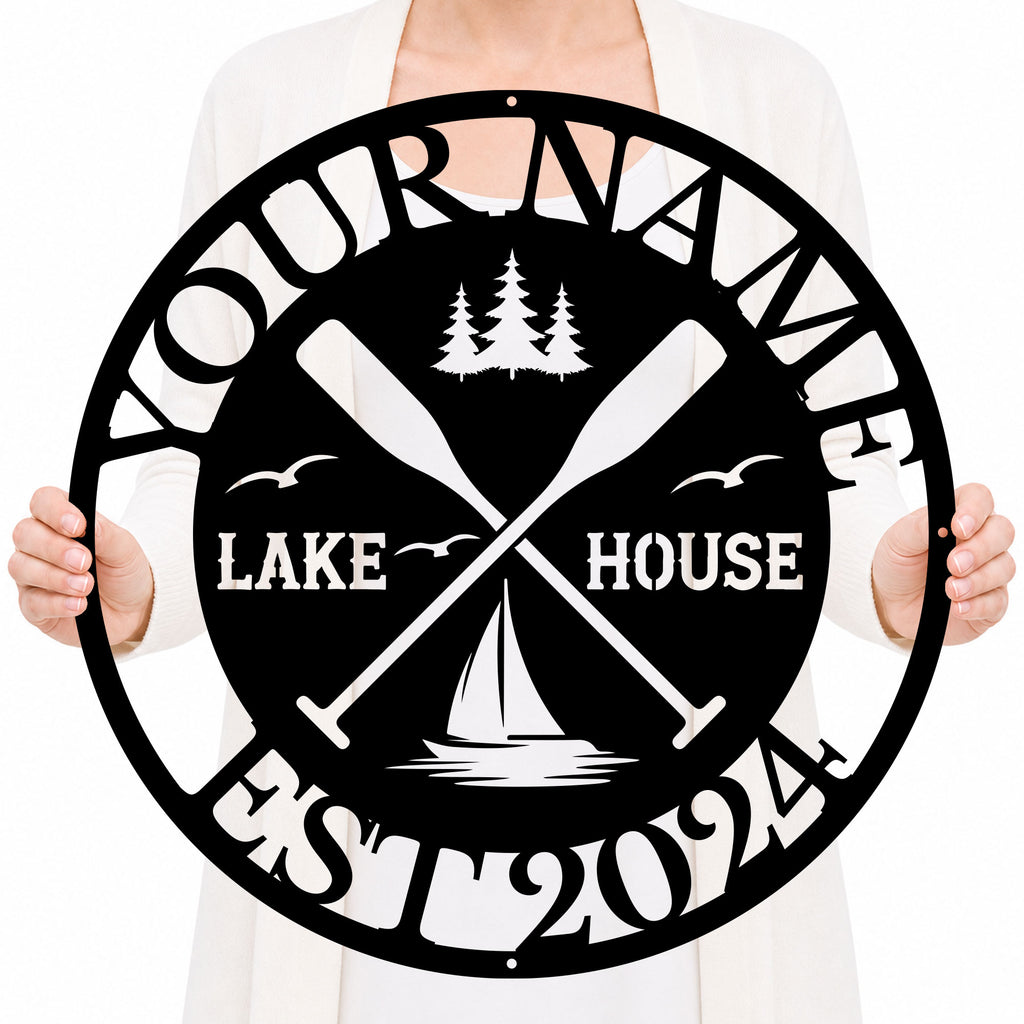 Personalized Lake House Metal Sign – Custom Name Wall Decor