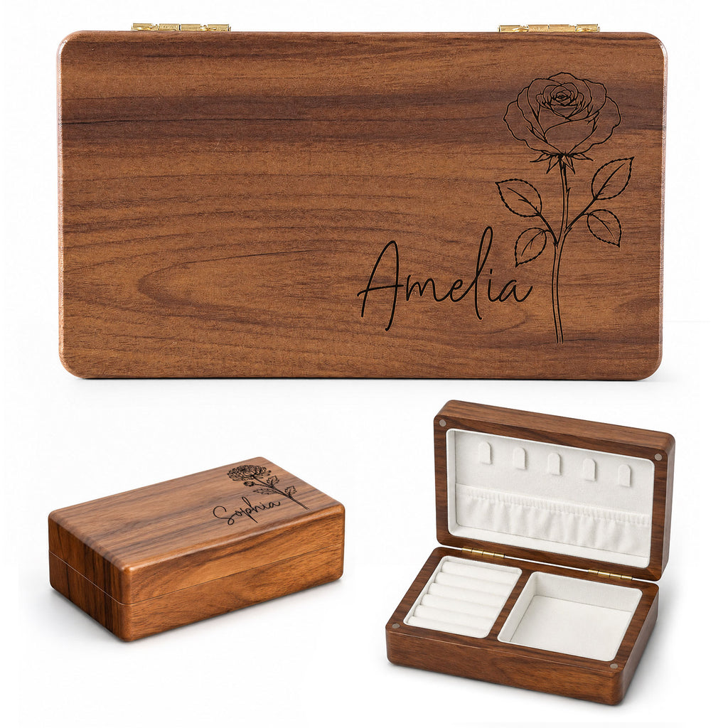 Personalized Wooden Jewelry Box with Name and Birth Flower