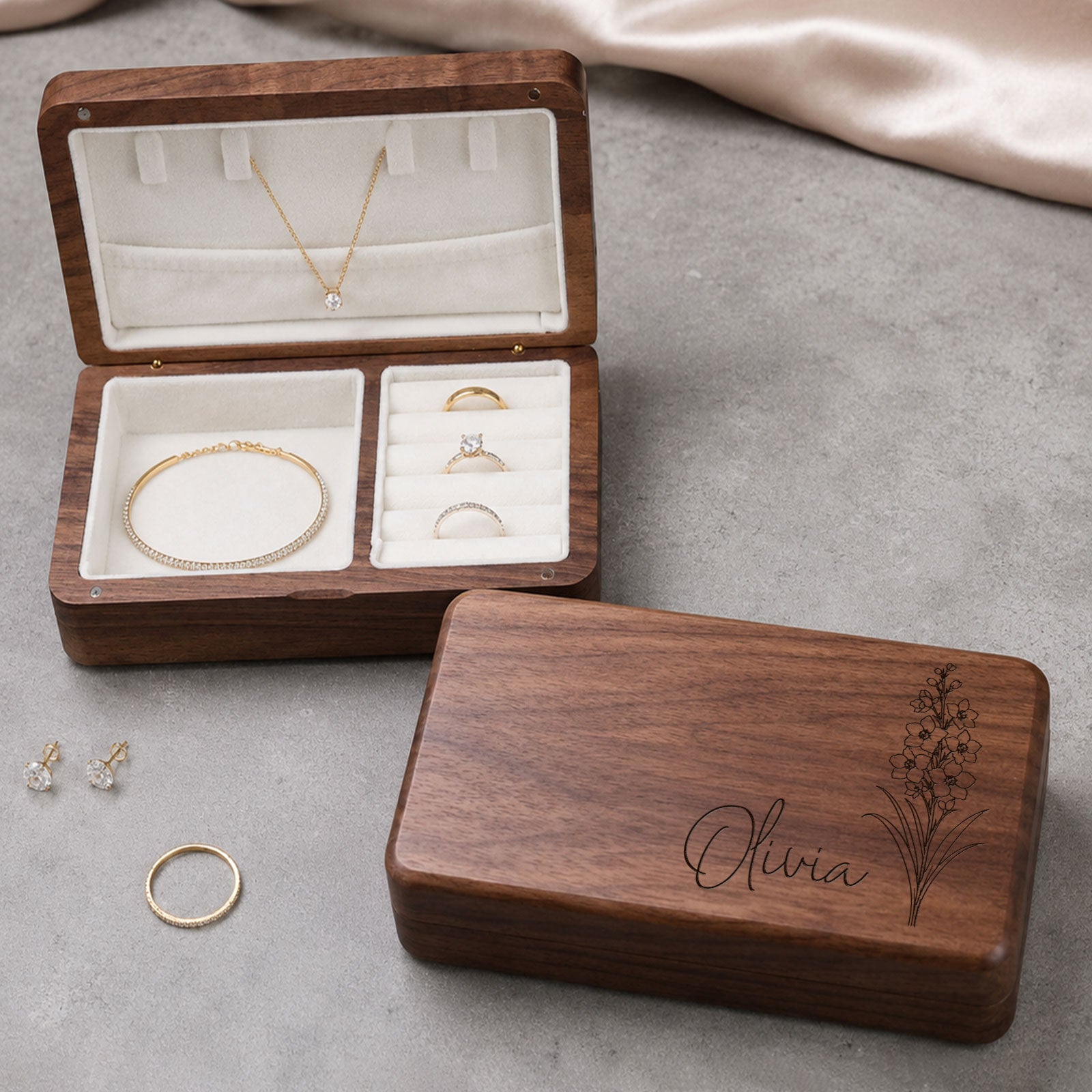 Personalized Wooden Jewelry Box with Name and Birth Flower