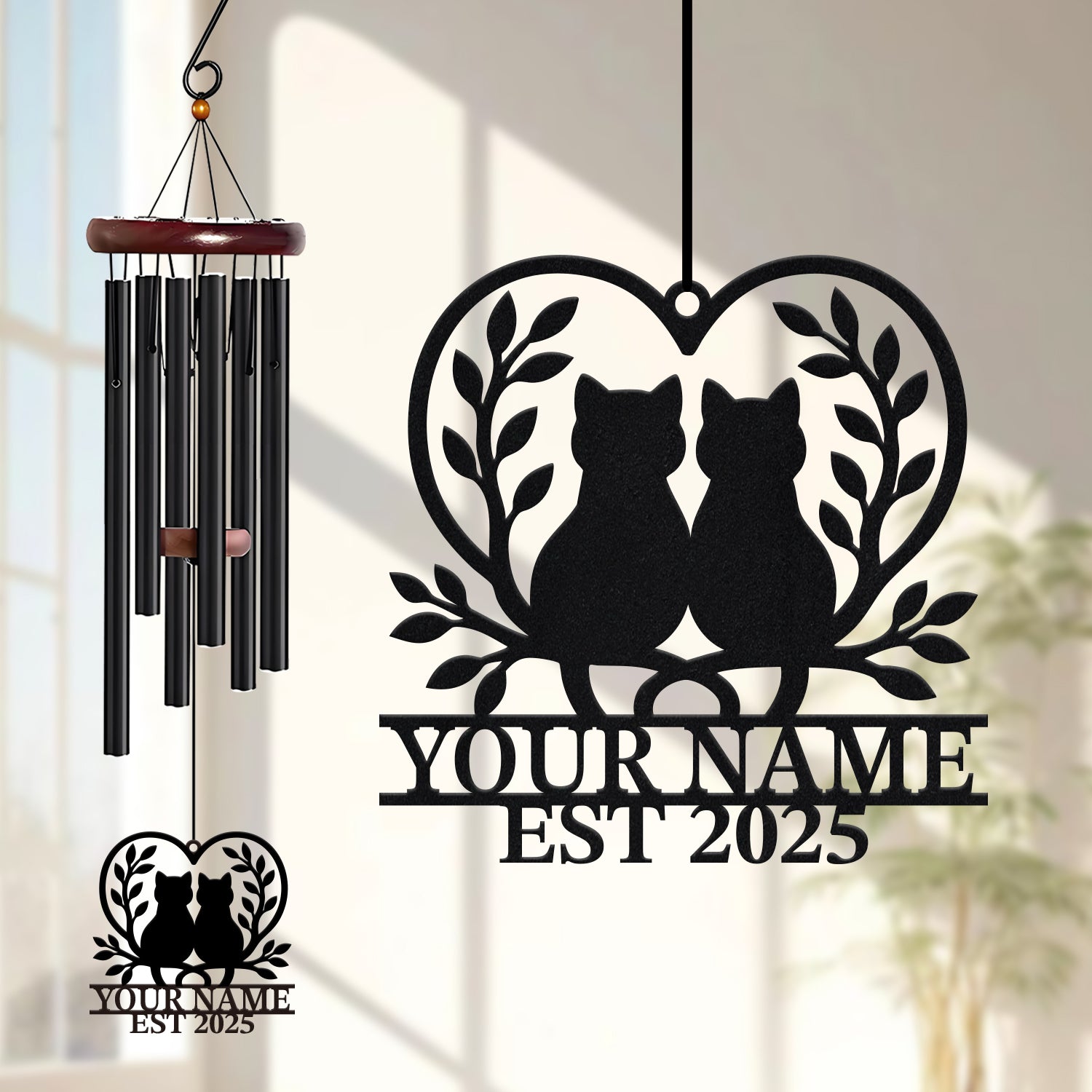 Personalized Two Cats Heart Wind Chime