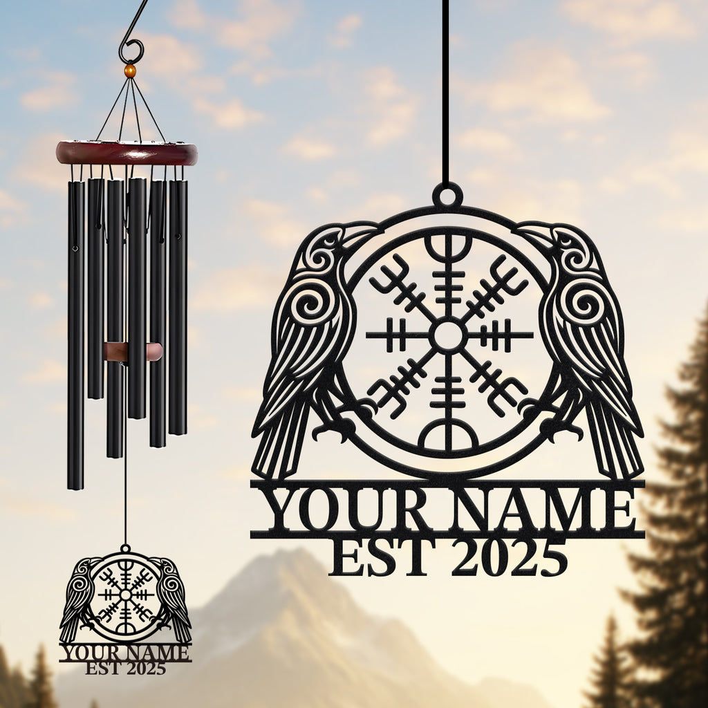 Personalized Viking Raven Compass Wind Chime