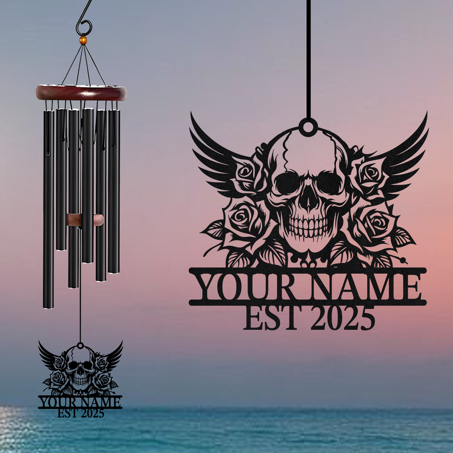 Personalized Skull Rose Wind Chime