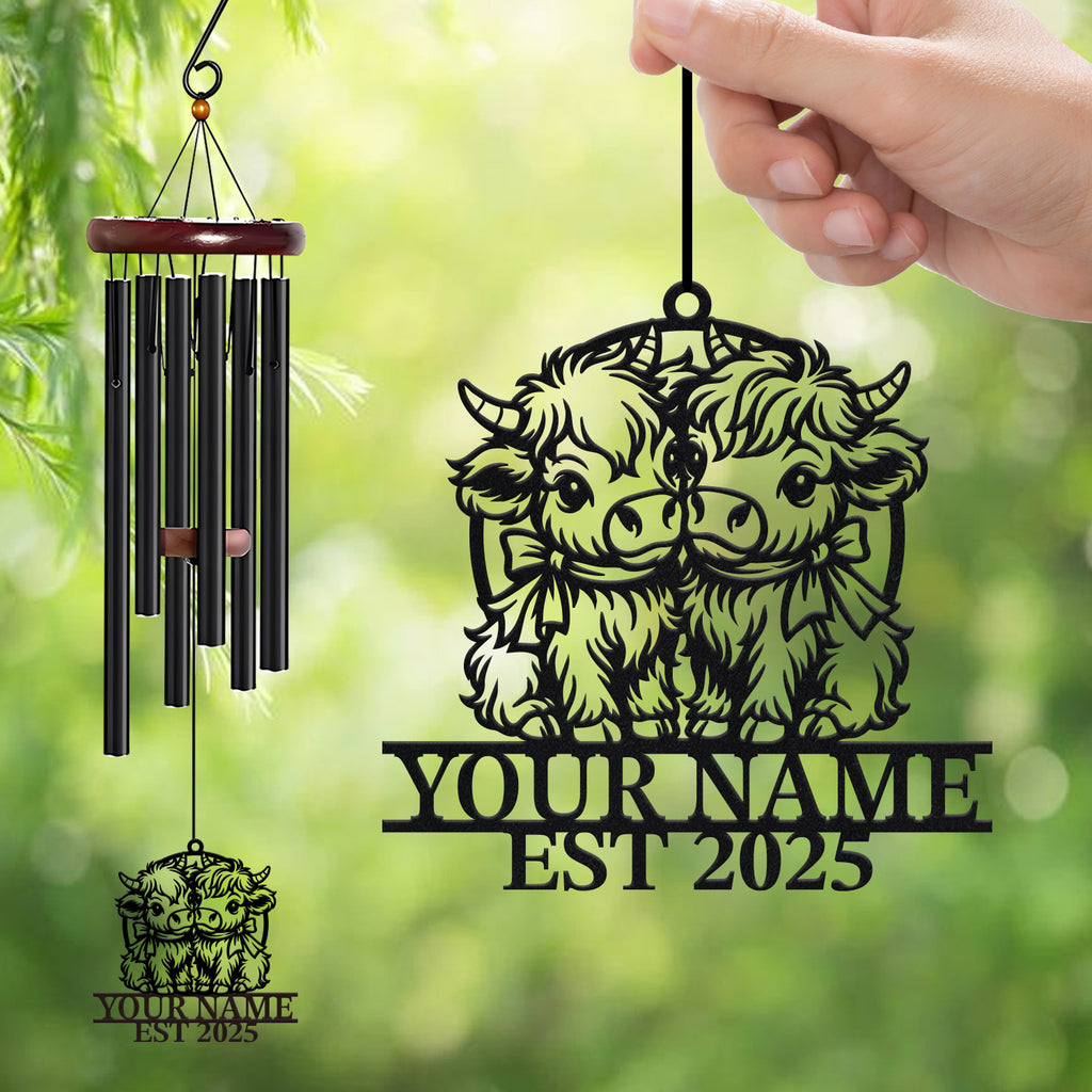 Personalized Highland Cow Couple Wind Chime