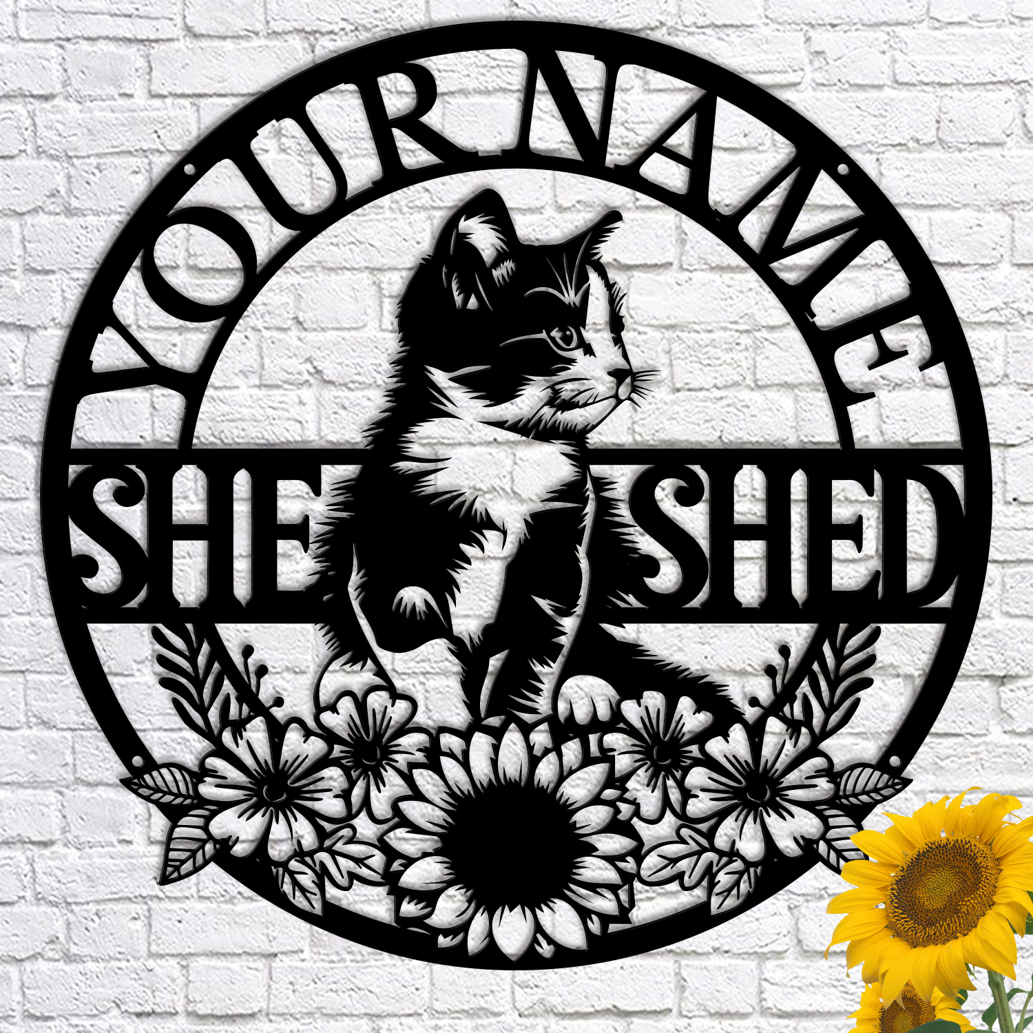Personalized Cat She Shed Metal Sign, Custom Text Floral Wall Decor