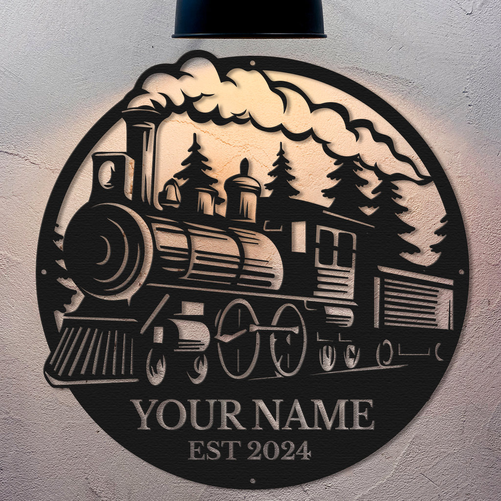 Personalized Steam Train Metal Sign, Custom Text Railroad Wall Decor