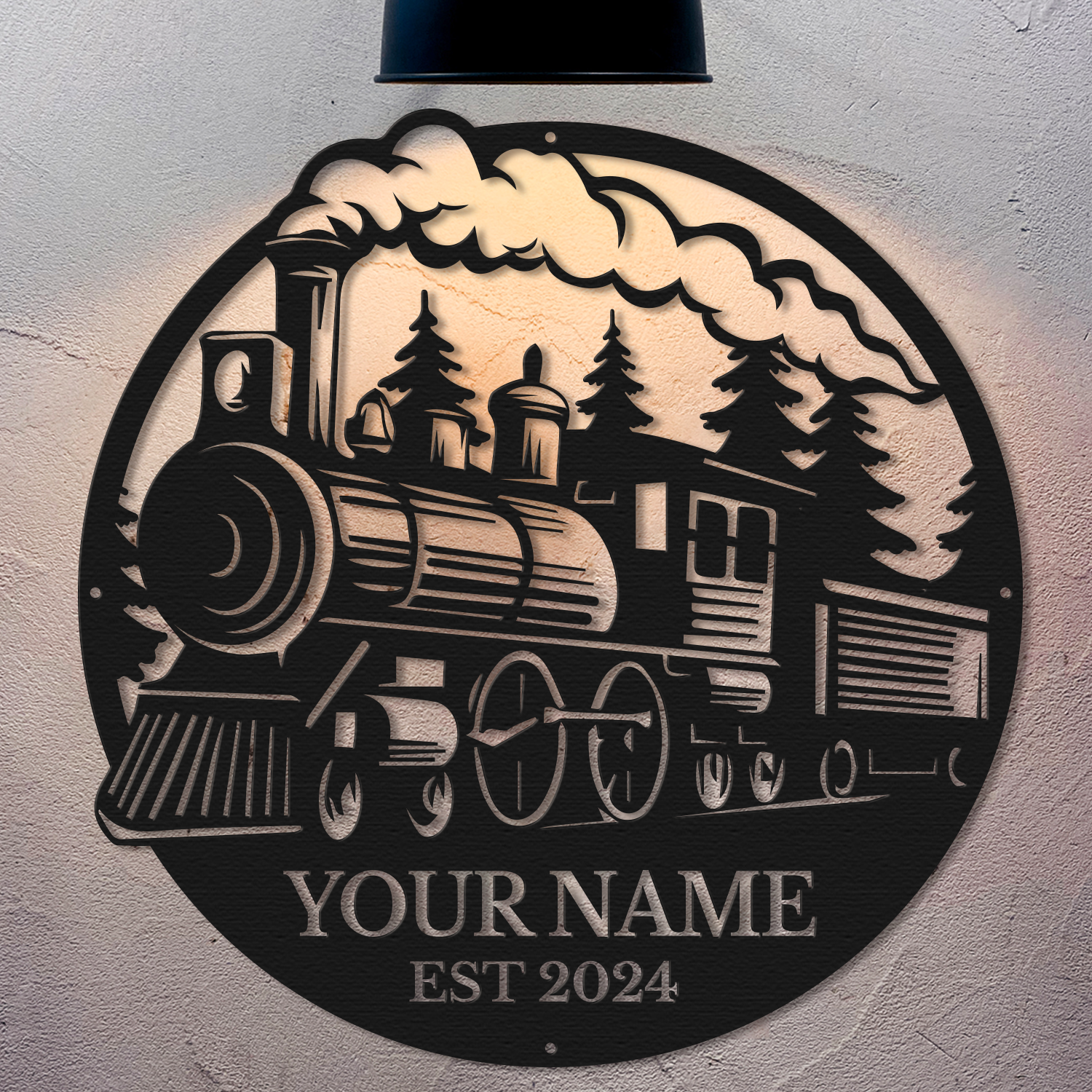 Personalized Steam Train Metal Sign, Custom Text Railroad Wall Decor