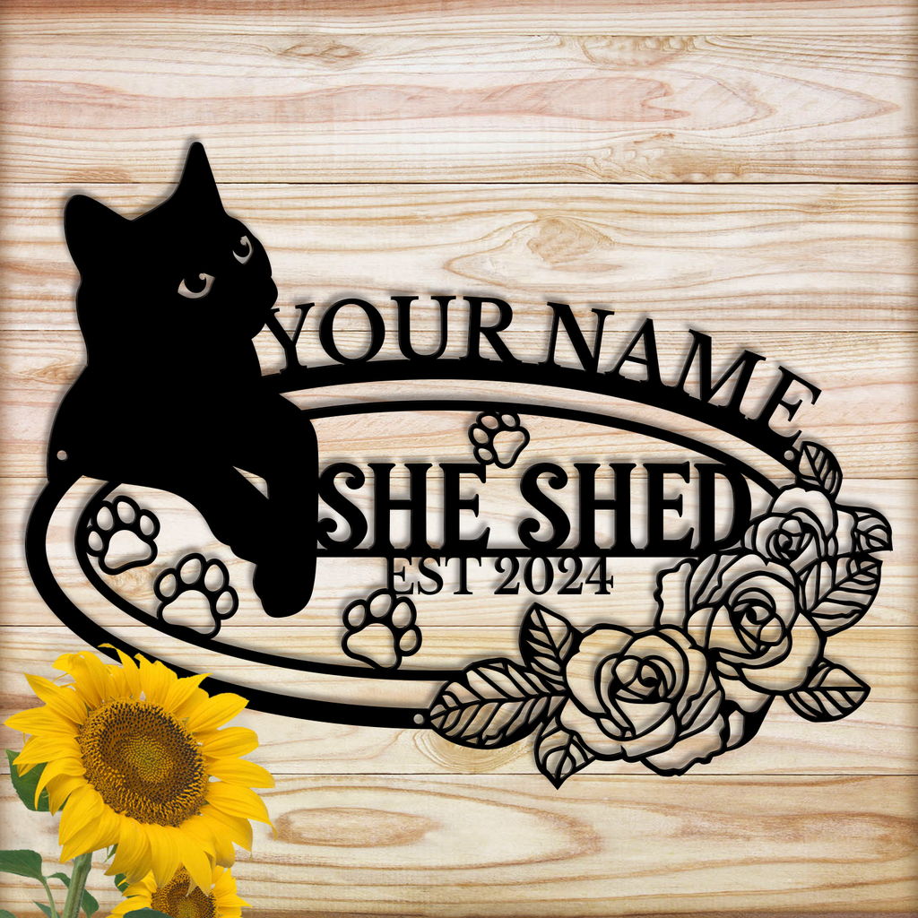 Personalized Cat She Shed Metal Sign, Custom Text Floral Wall Decor