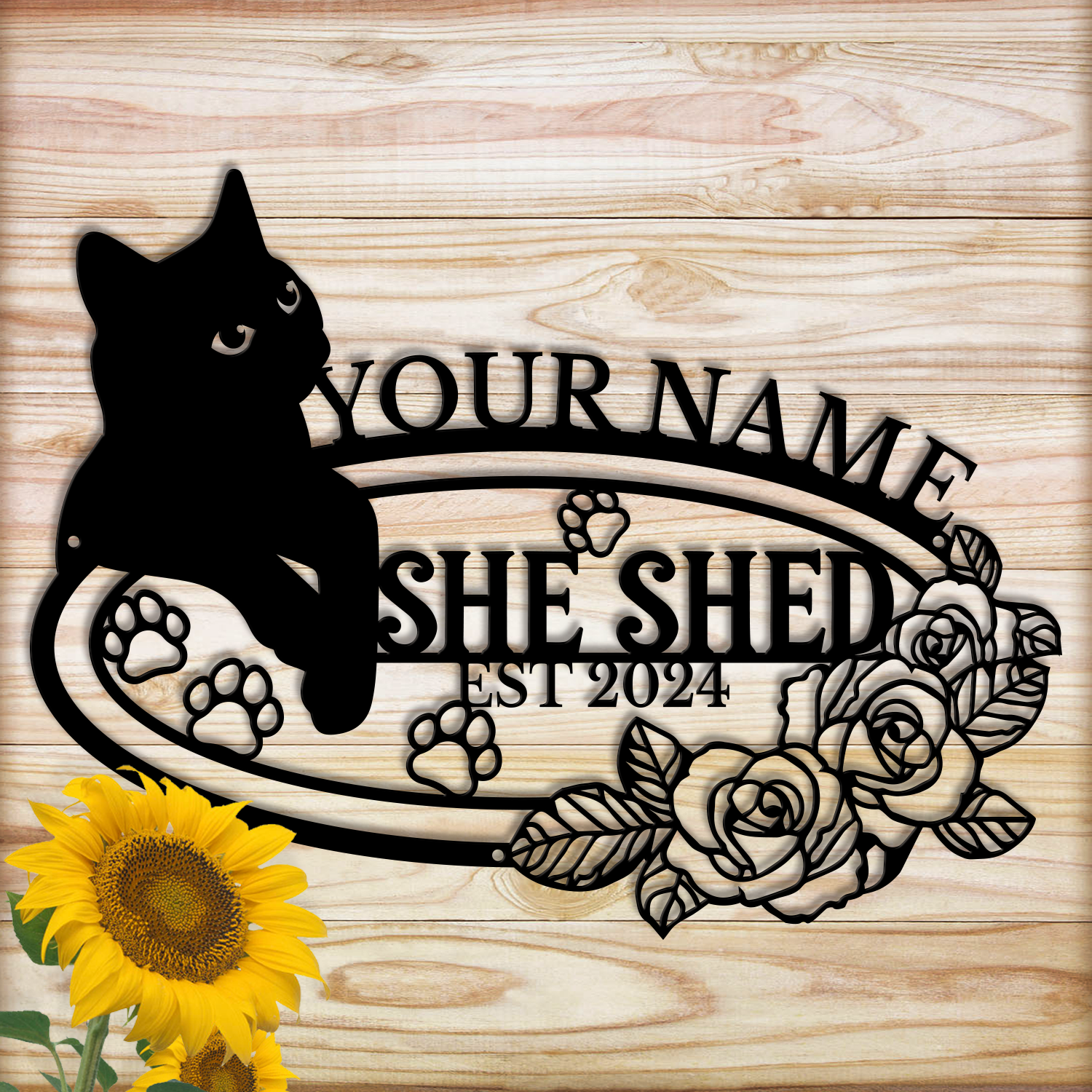 Personalized Cat She Shed Metal Sign, Custom Text Floral Wall Decor