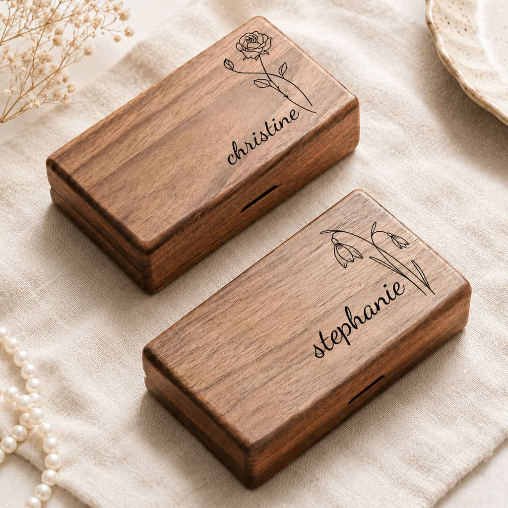 Personalized Birth Flower Wooden Jewelry Box with Custom Name