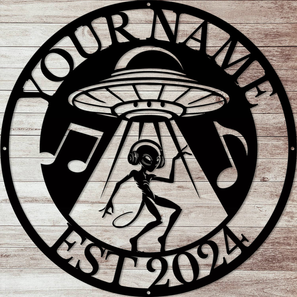 Personalized Alien UFO Music Metal Sign – Custom Name Wall Decor