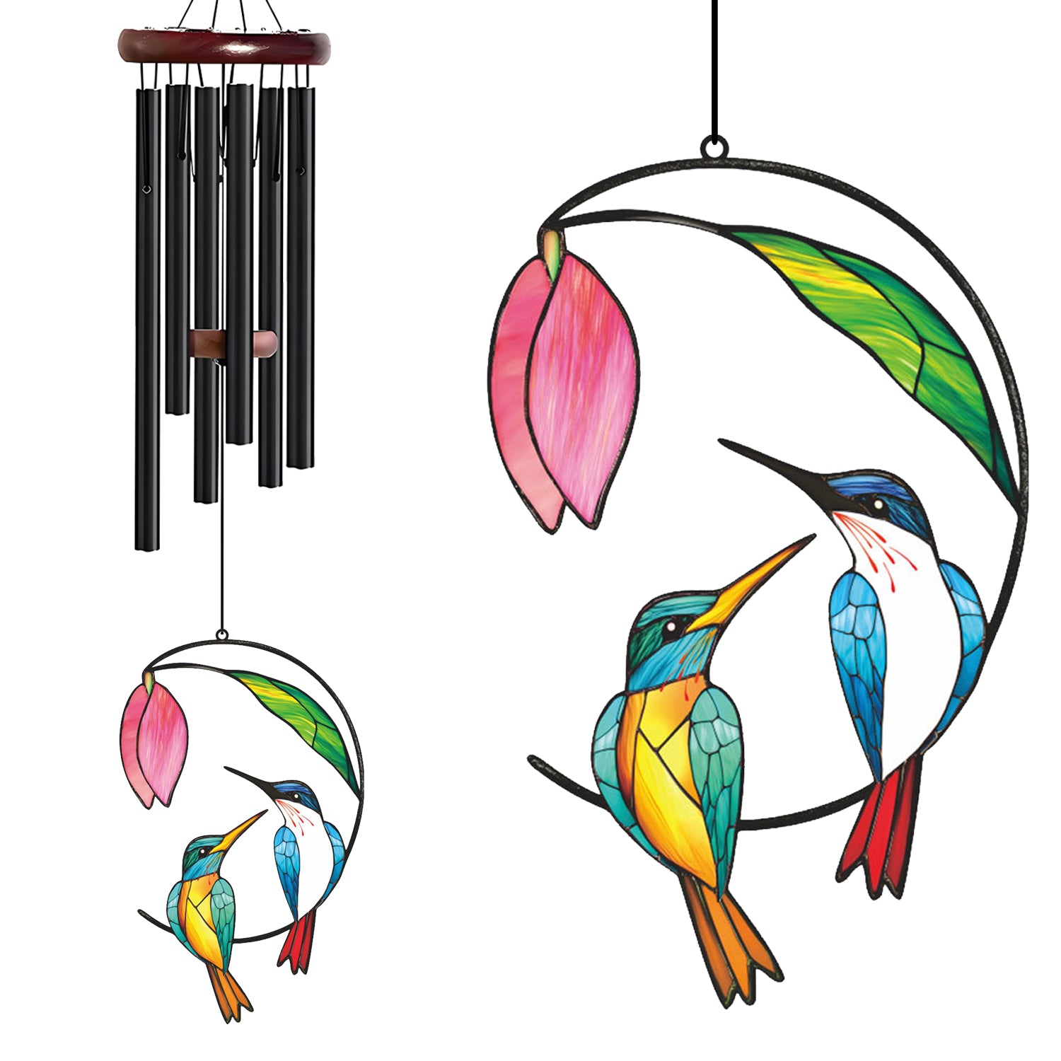 Twin Hummingbird Pink Flower Wind Chime – Style Wind 363