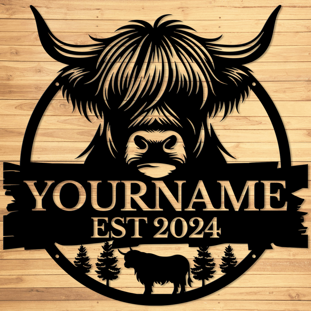 Personalized Highland Cow Metal Sign – Custom Name Wall Decor