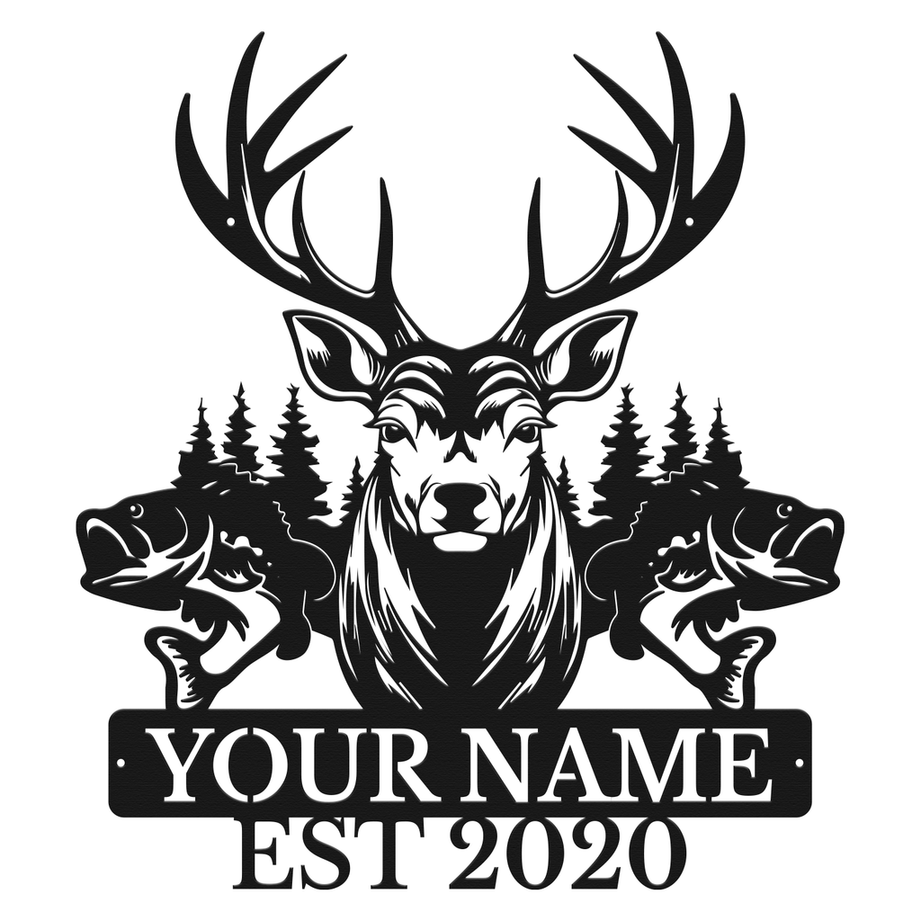 Personalized Deer & Fish Metal Sign, Custom Text Outdoor Wall Decor