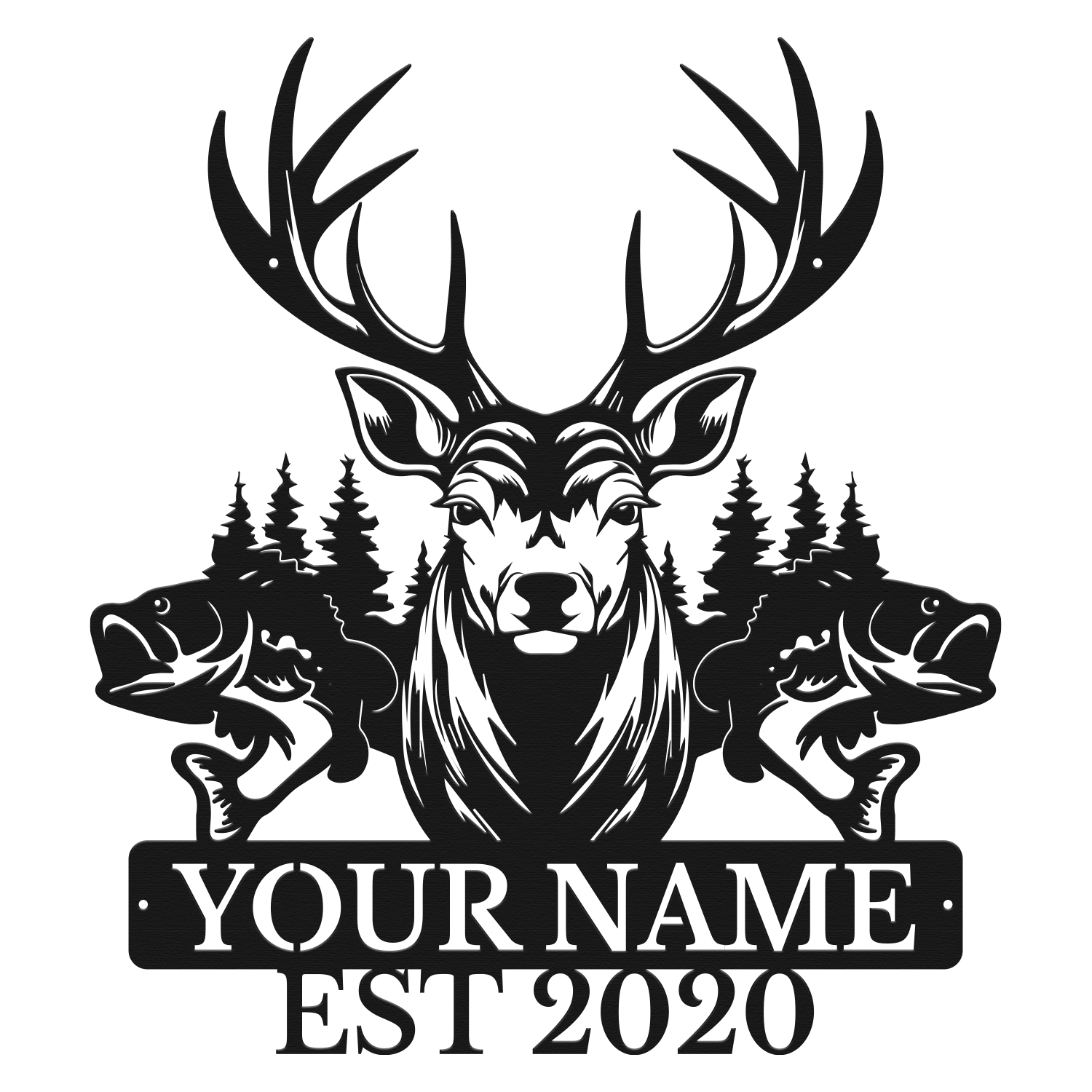 Personalized Deer & Fish Metal Sign, Custom Text Outdoor Wall Decor