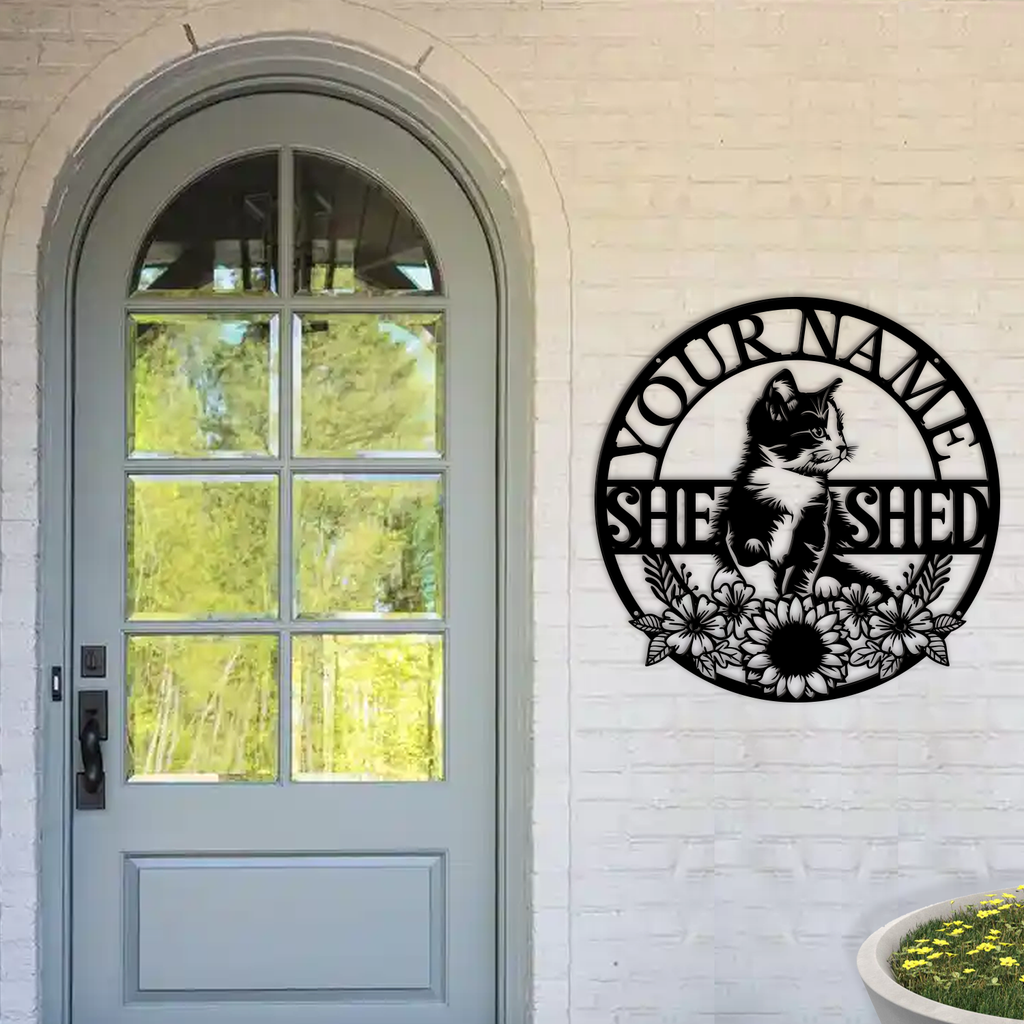 Personalized Cat She Shed Metal Sign, Custom Text Floral Wall Decor