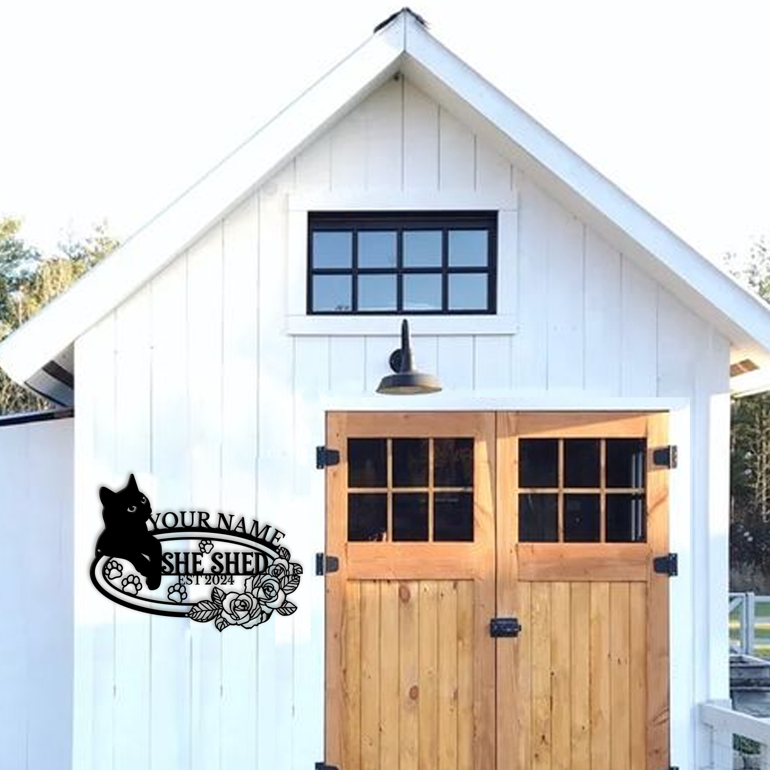 Personalized Cat She Shed Metal Sign, Custom Text Floral Wall Decor