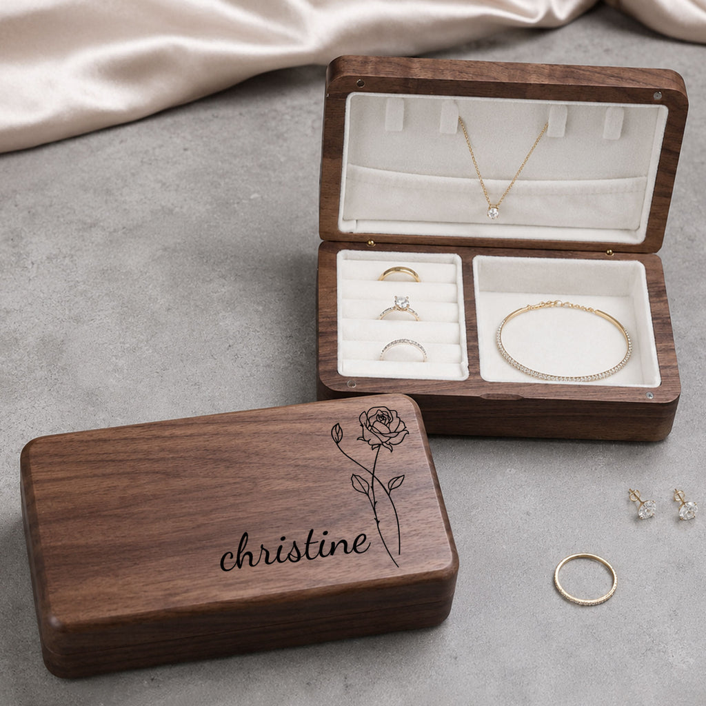 Personalized Birth Flower Wooden Jewelry Box with Custom Name