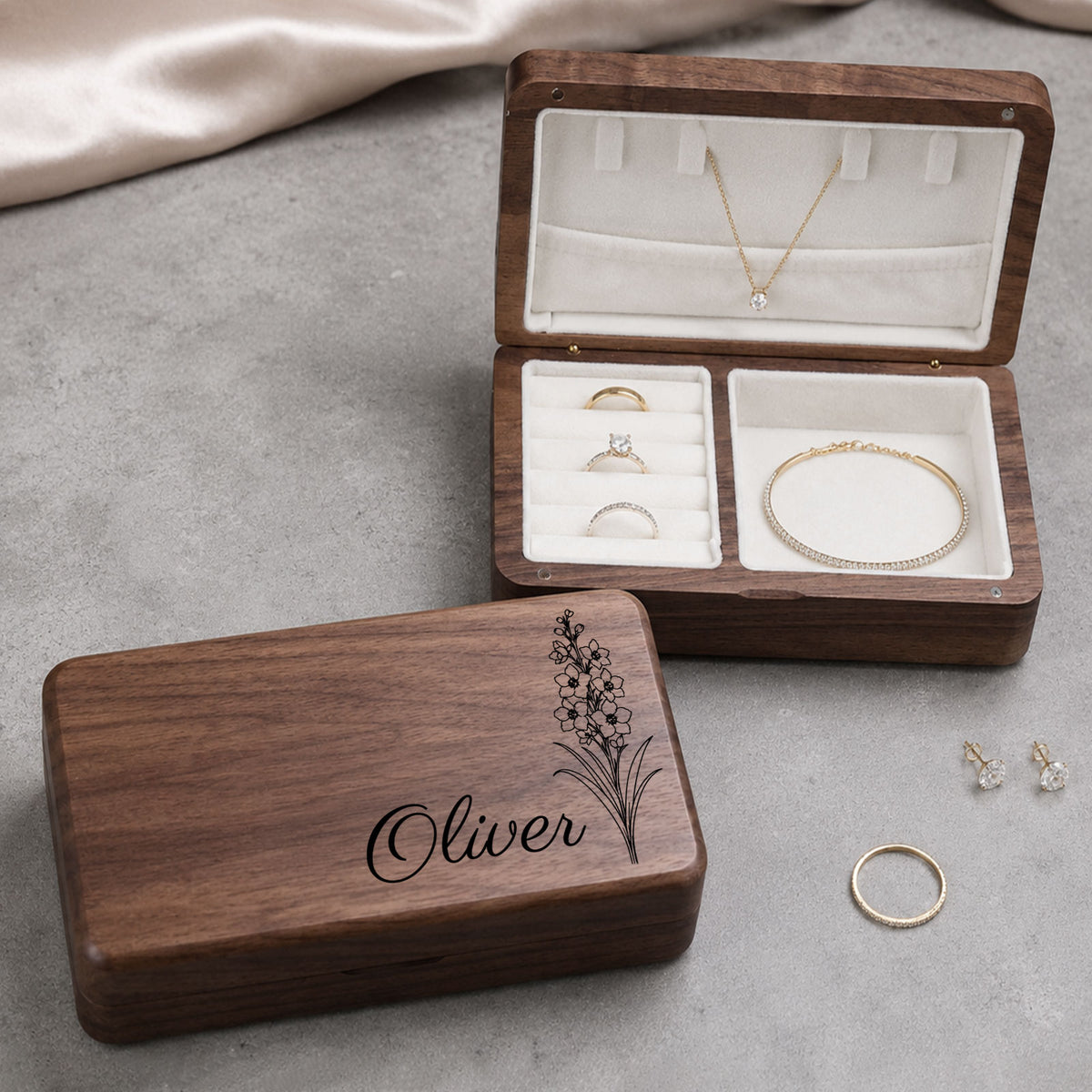 Personalized Wooden Jewelry Box with Name and Birth Flower