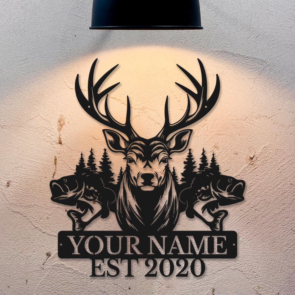 Personalized Deer & Fish Metal Sign, Custom Text Outdoor Wall Decor