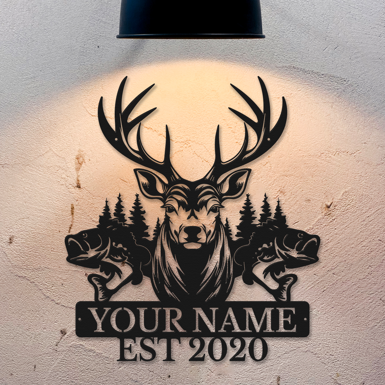 Personalized Deer & Fish Metal Sign, Custom Text Outdoor Wall Decor