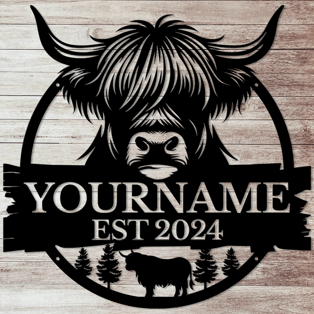 Personalized Highland Cow Metal Sign – Custom Name Wall Decor