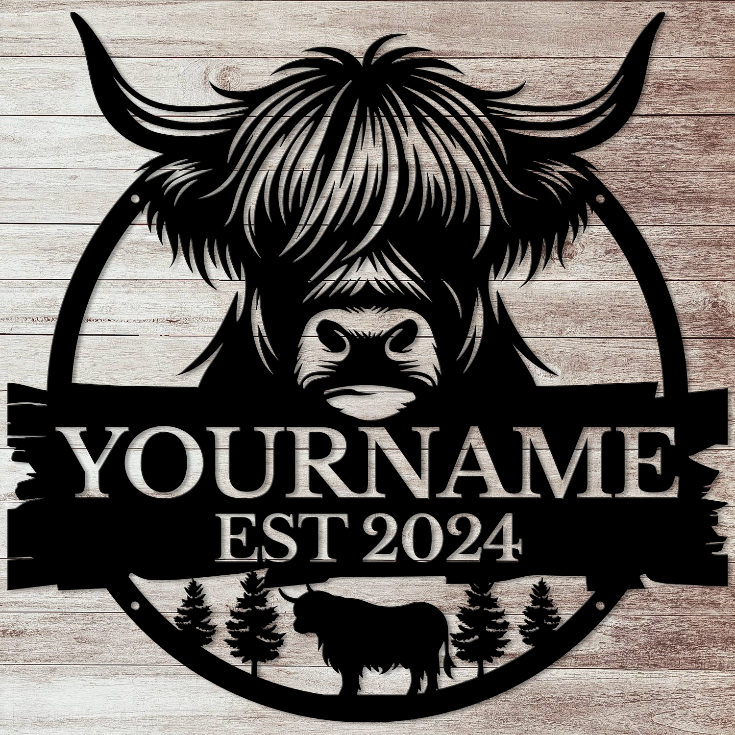Personalized Highland Cow Metal Sign – Custom Name Wall Decor