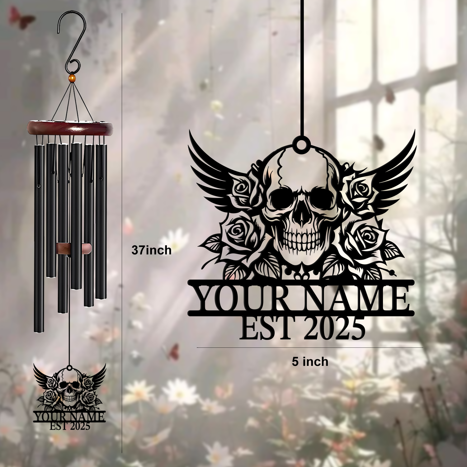 Personalized Skull Rose Wind Chime