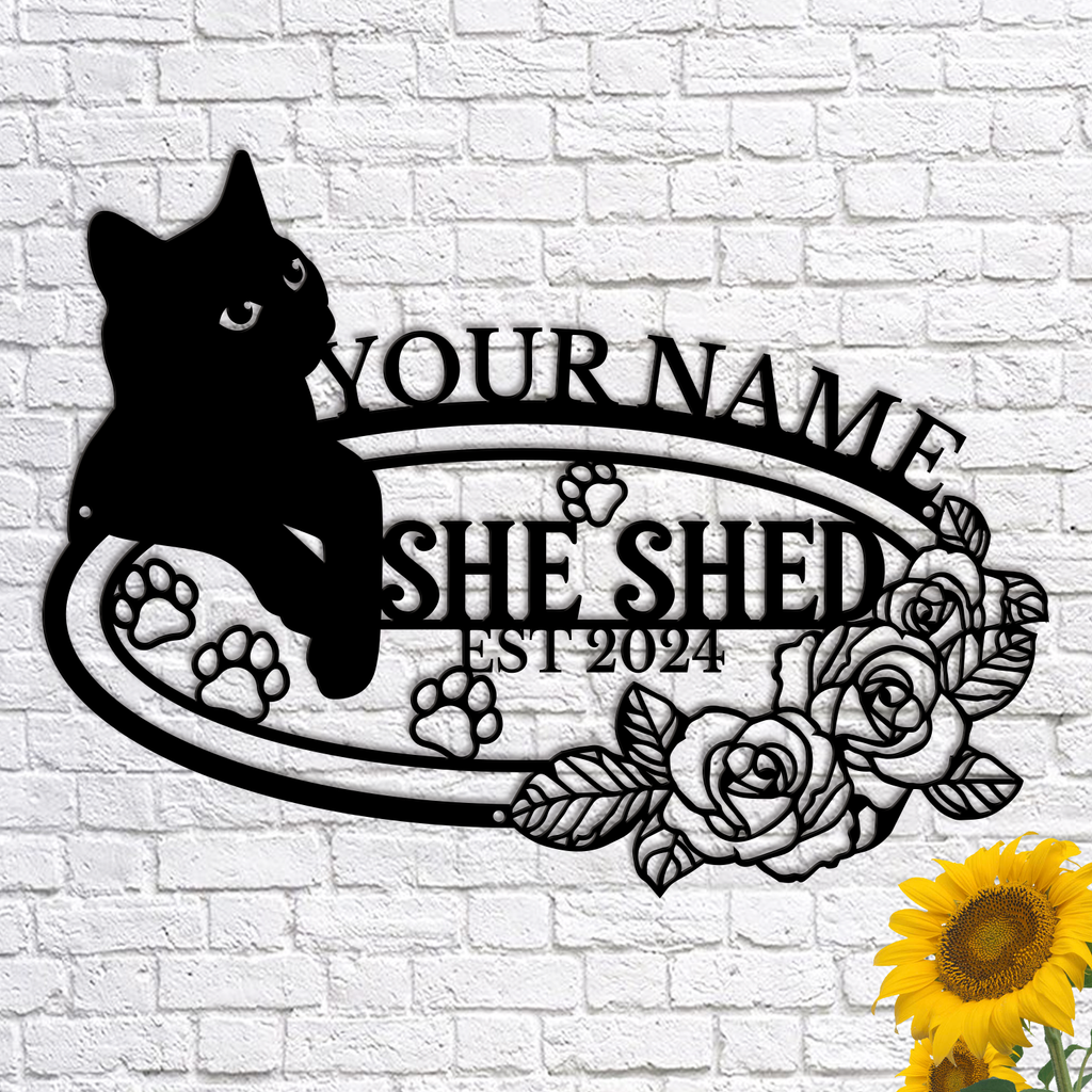 Personalized Cat She Shed Metal Sign, Custom Text Floral Wall Decor