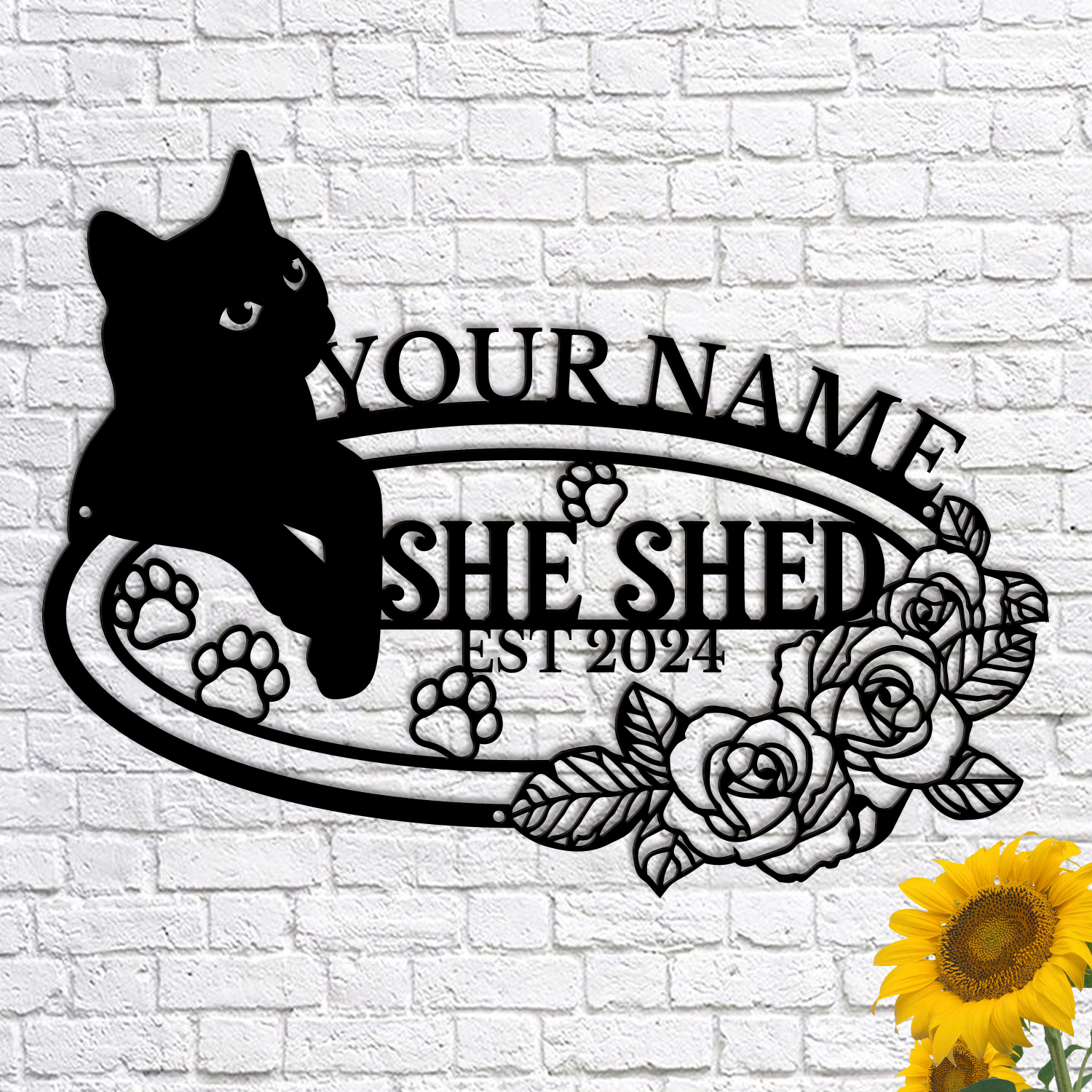 Personalized Cat She Shed Metal Sign, Custom Text Floral Wall Decor