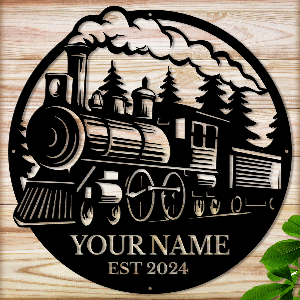 Personalized Steam Train Metal Sign, Custom Text Railroad Wall Decor