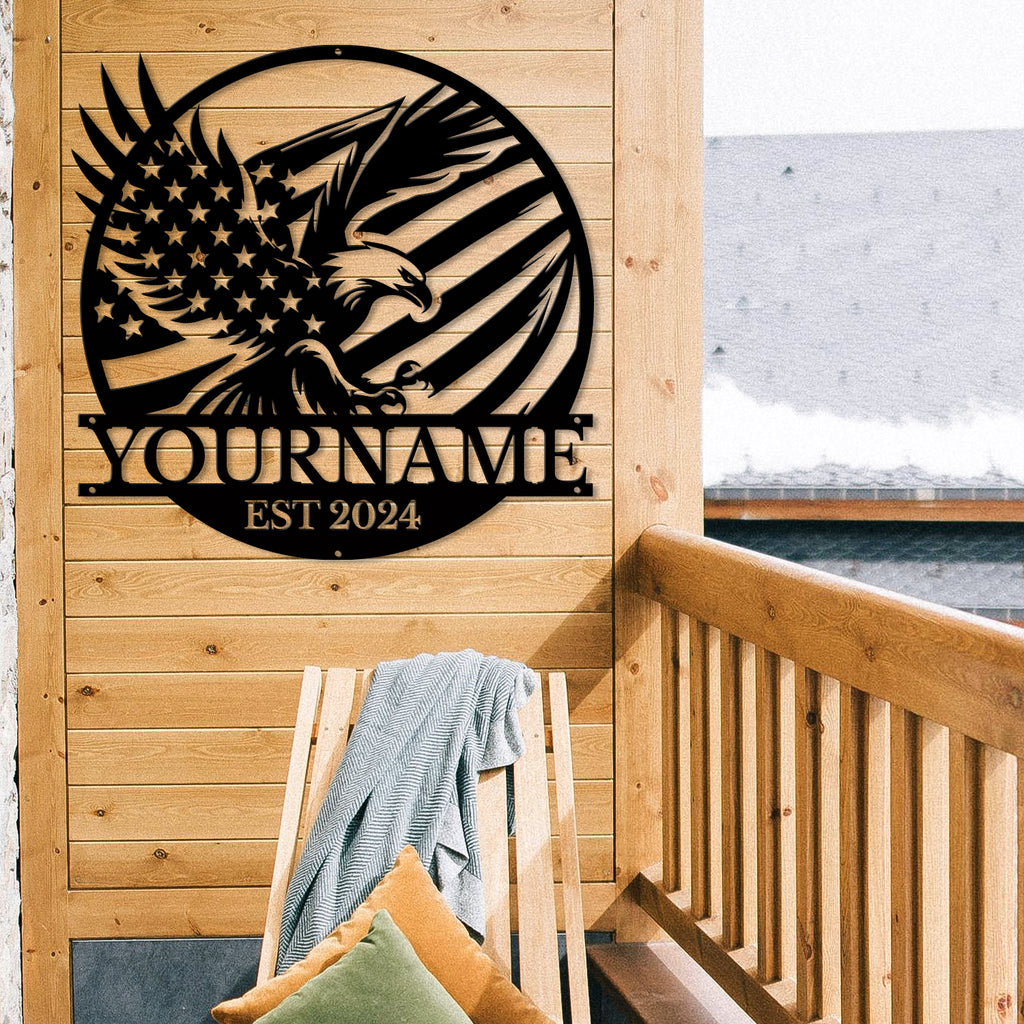 Personalized Eagle Flag Metal Sign – Custom Name Wall Decor