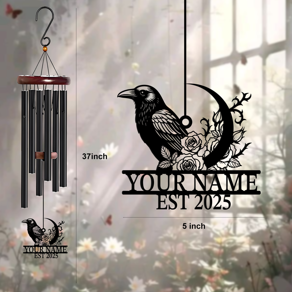 Personalized Raven Moon Rose Wind Chime