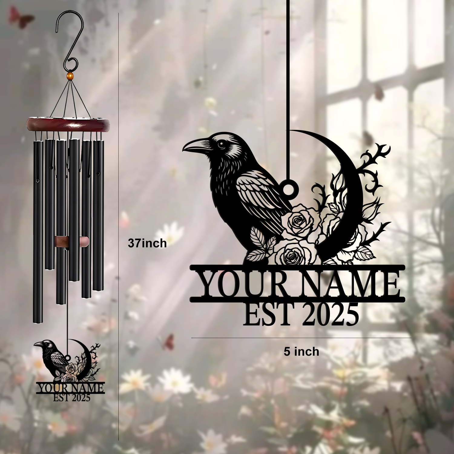 Personalized Raven Moon Rose Wind Chime