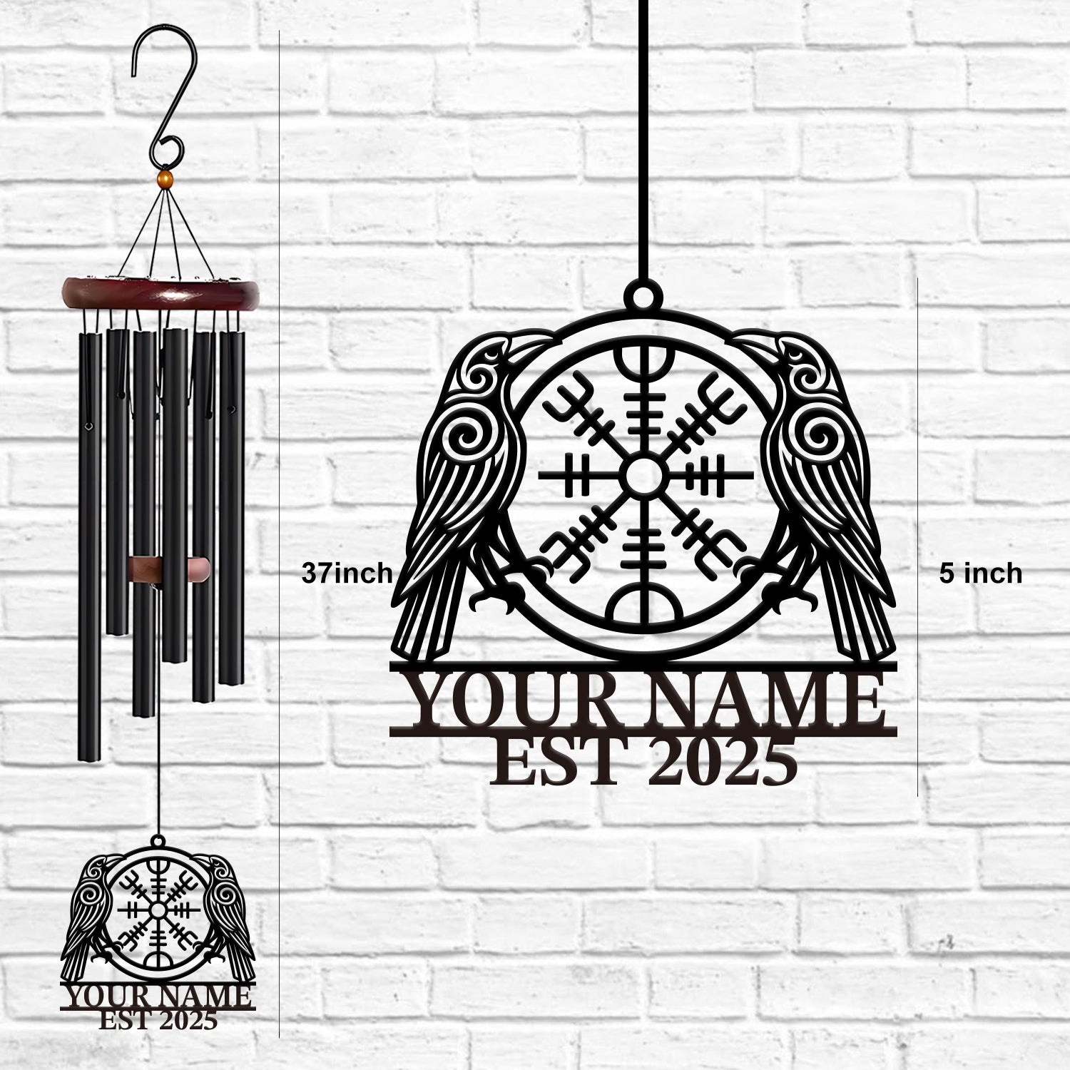 Personalized Viking Raven Compass Wind Chime